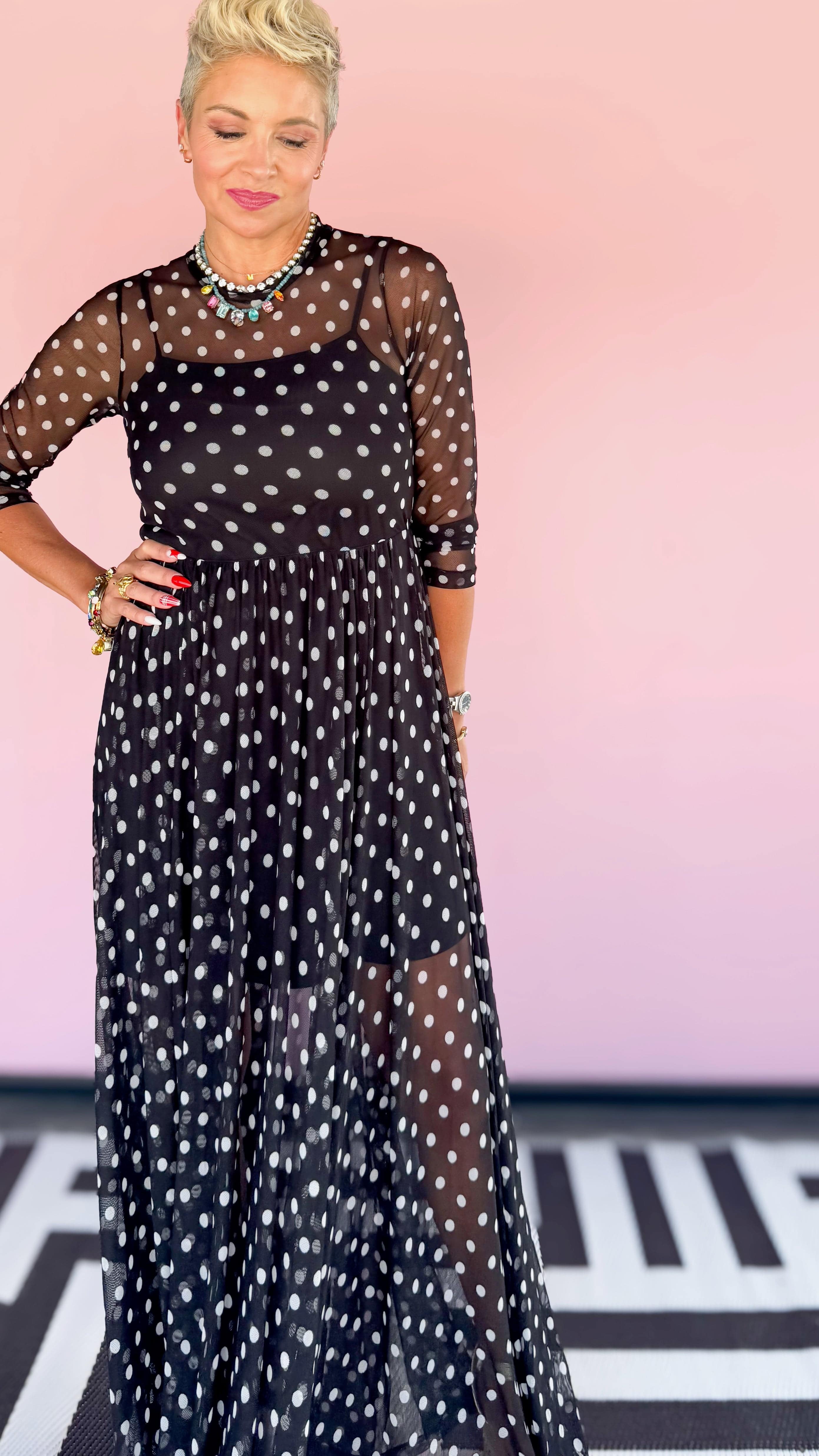 Polka Dot Print Mesh Maxi Dress - The BLVD