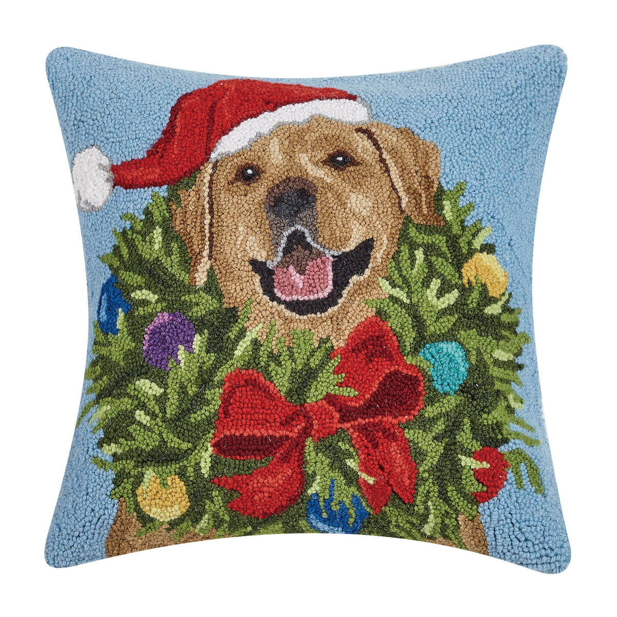 Hooked wool pillow of a golden Labrador in a Santa hat with holiday wreath, original product photo