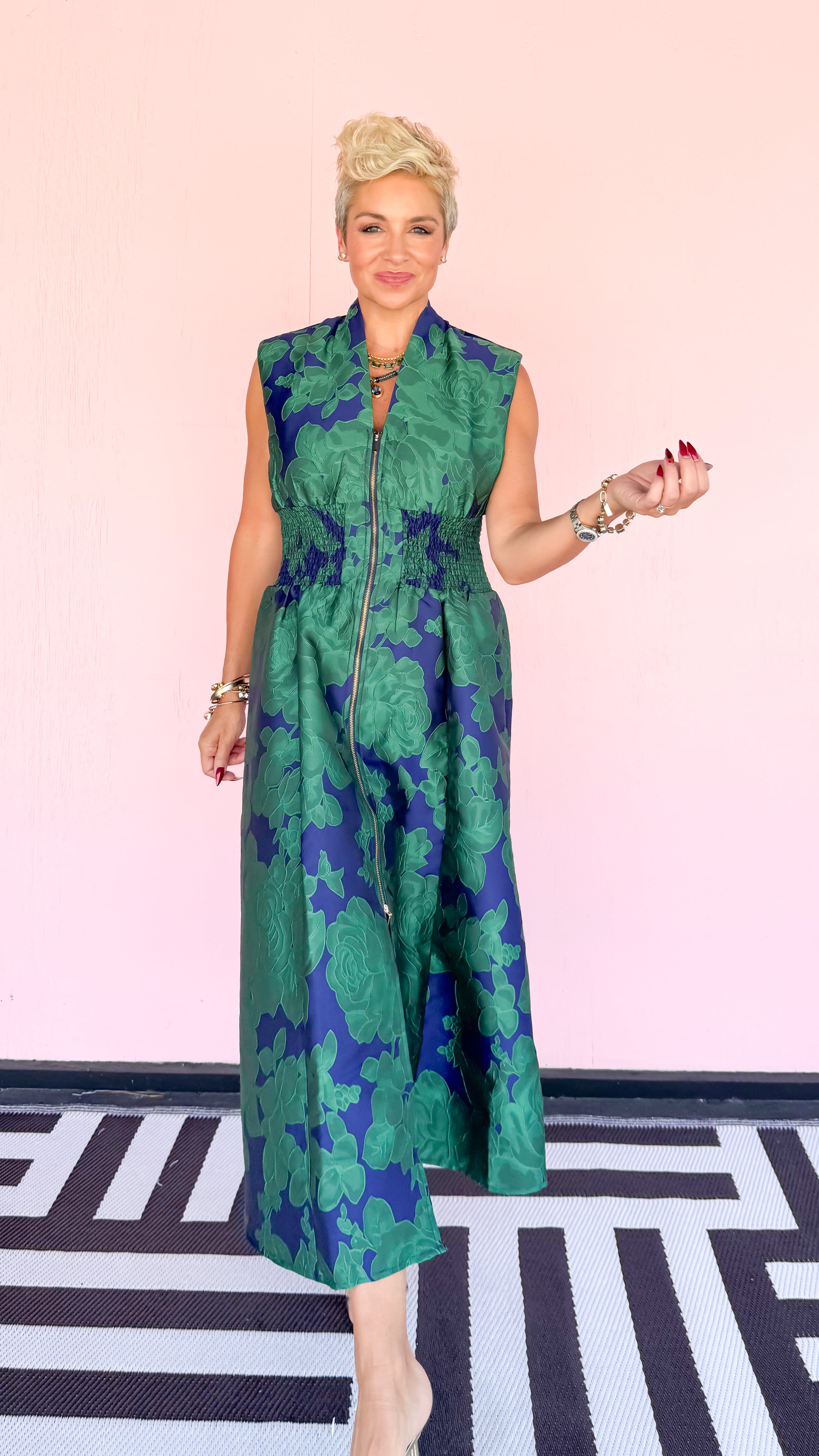Bold Floral Jacquard Zip Dress/Blue&Green