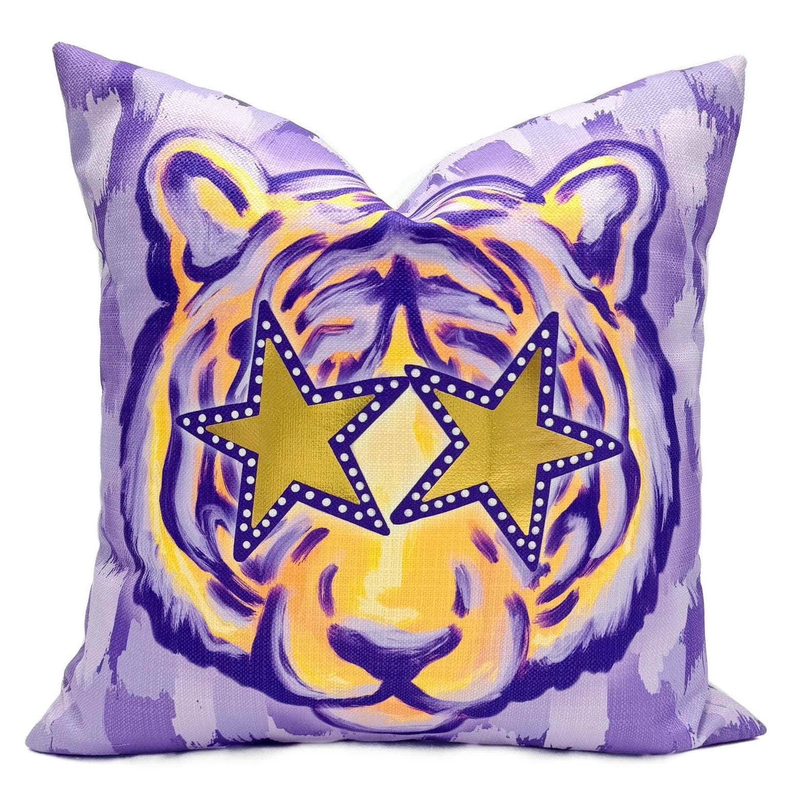 Gold Foil Purple and Yellow Preppy Tiger Pillow