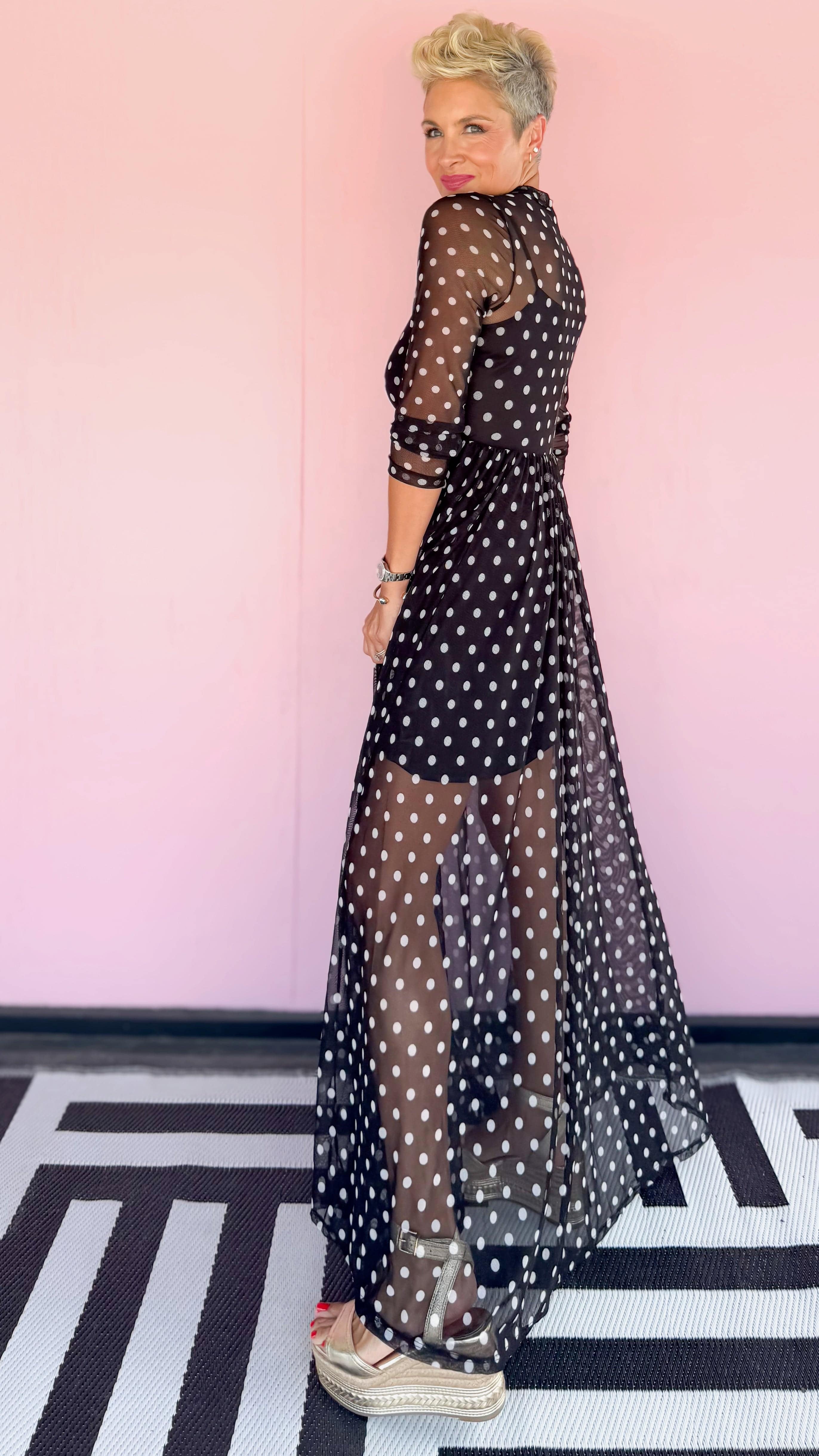 Polka Dot Print Mesh Maxi Dress - The BLVD