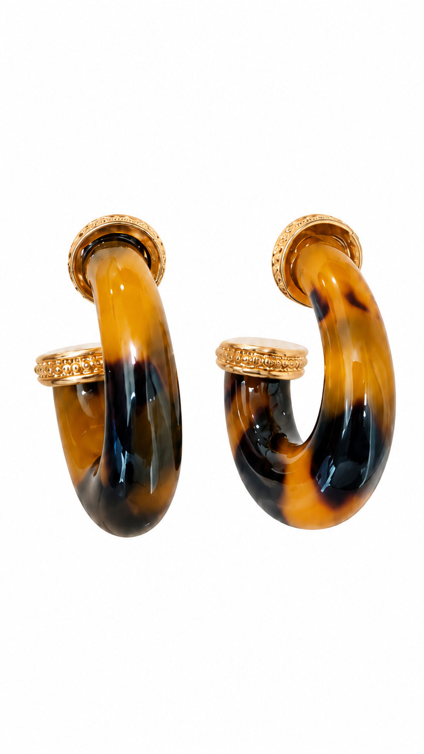 I R I & Studio Tortoise Resin Hoop Earrings, tortoise pattern resin hoops, front view