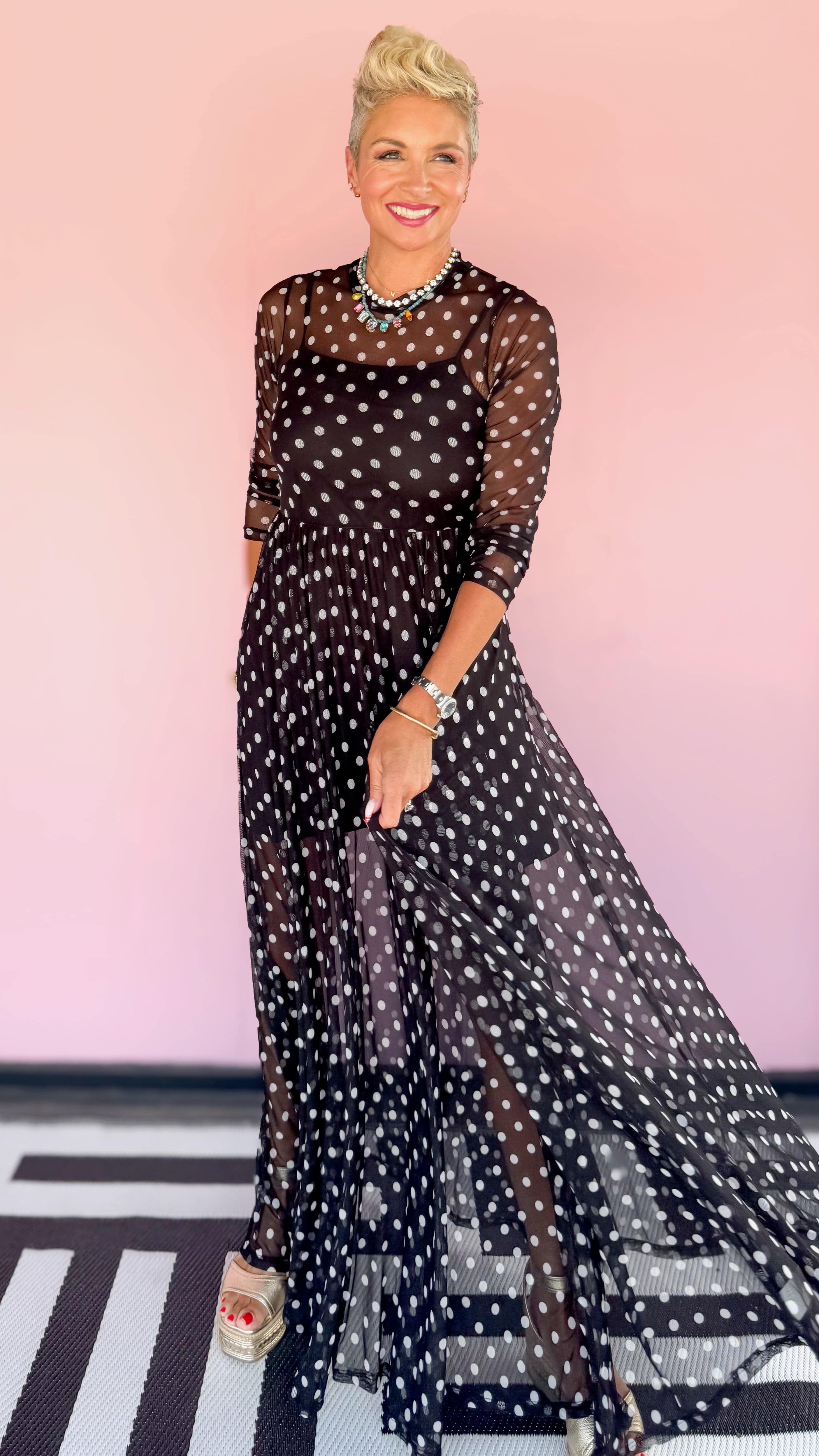 Polka Dot Print Mesh Maxi Dress - The BLVD