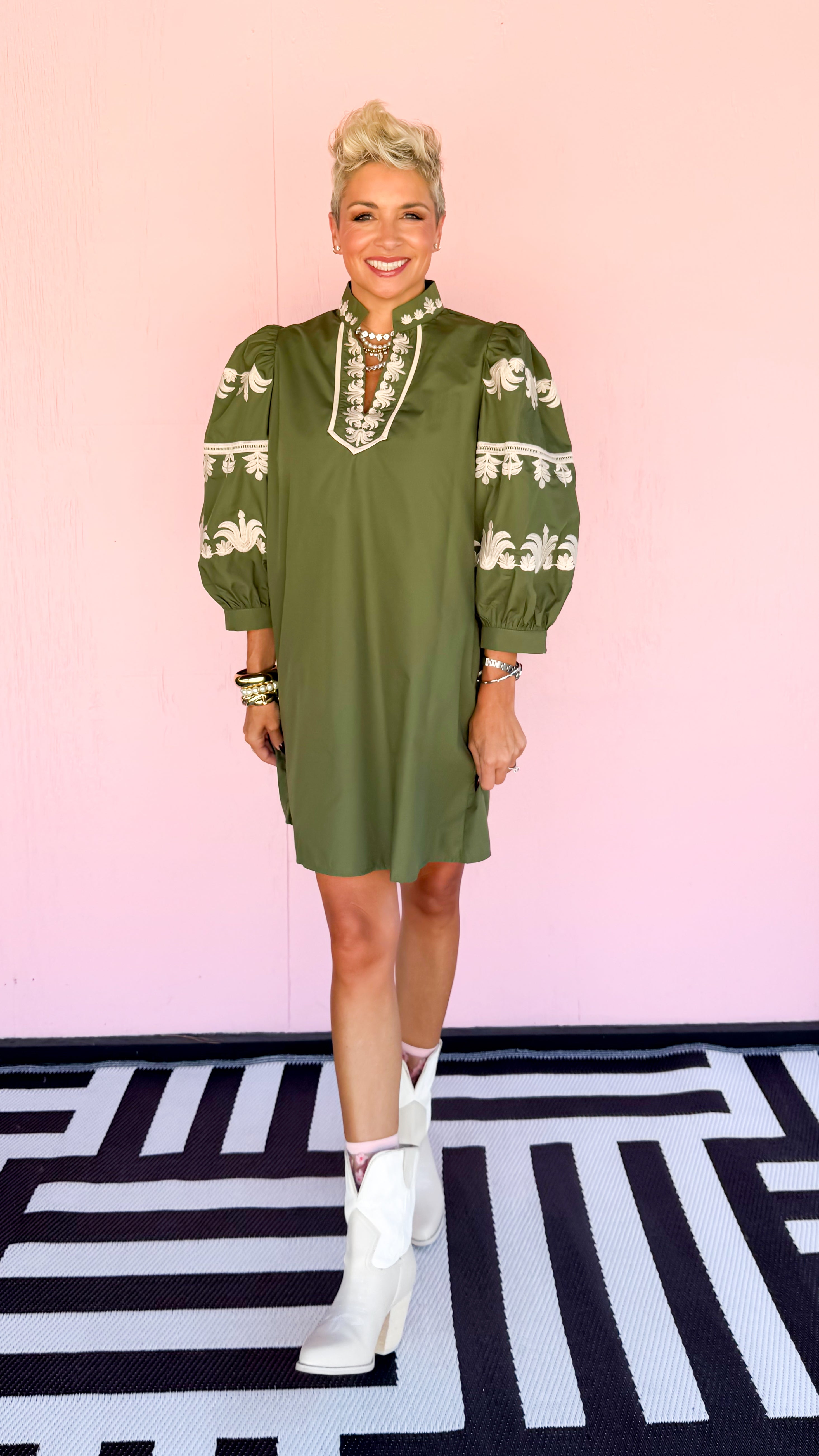 Embroidered 3/4 Sleeve Dress/Olive