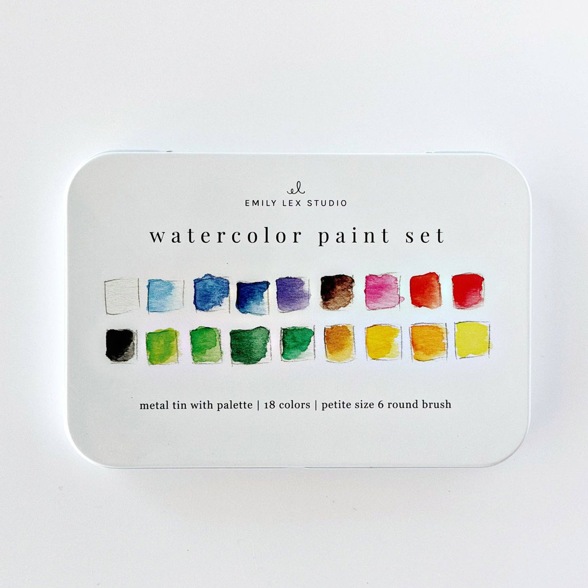 Boxed watercolor paint set packaging, front view