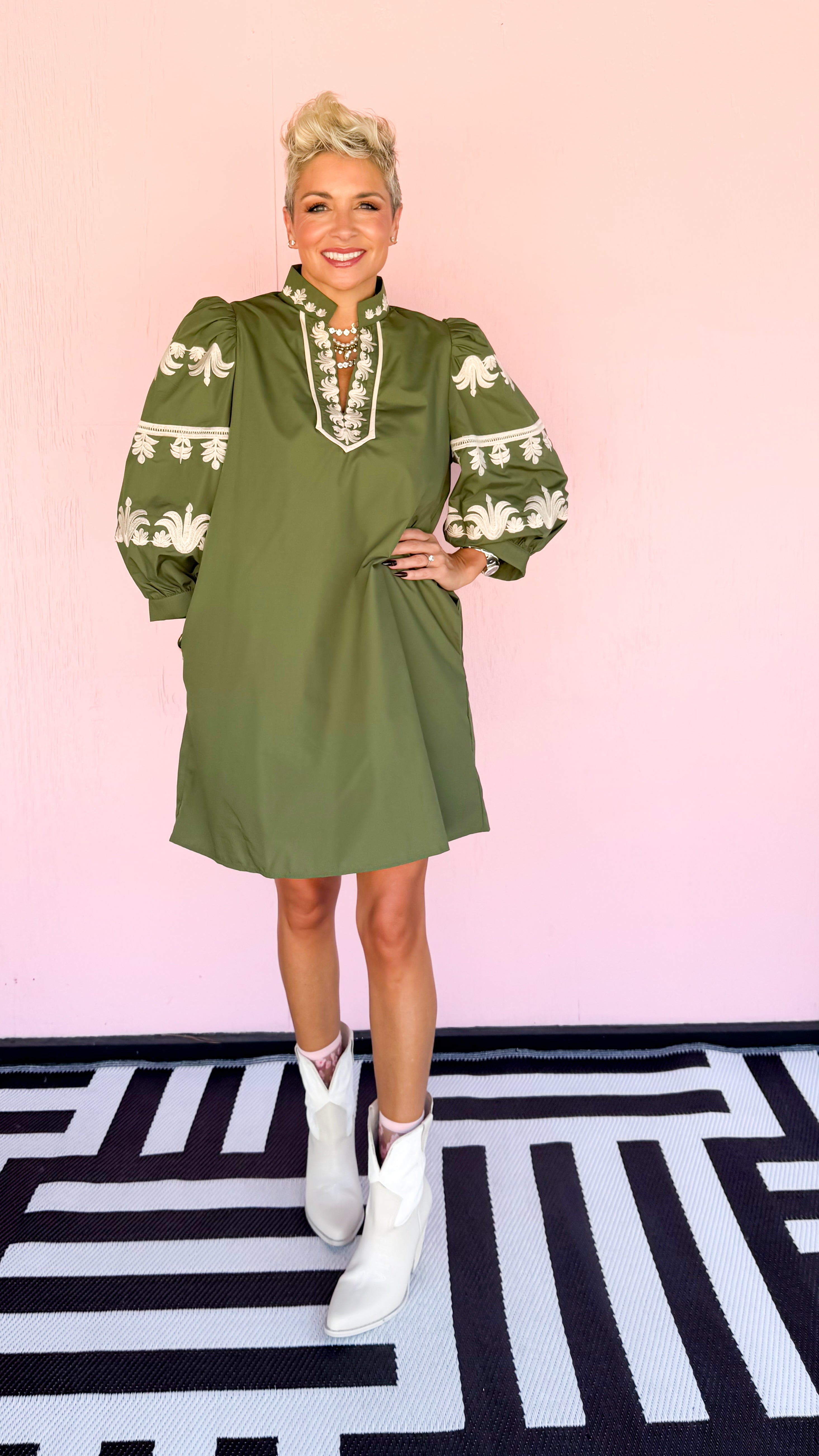Embroidered 3/4 Sleeve Dress/Olive
