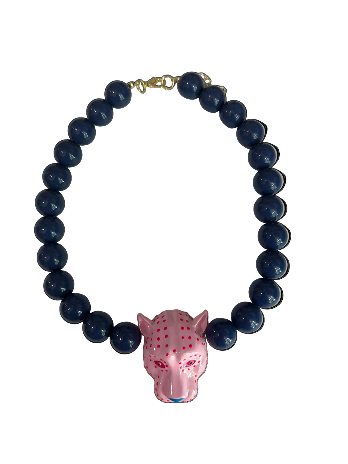 Leopard head beaded statement necklace with navy beads
