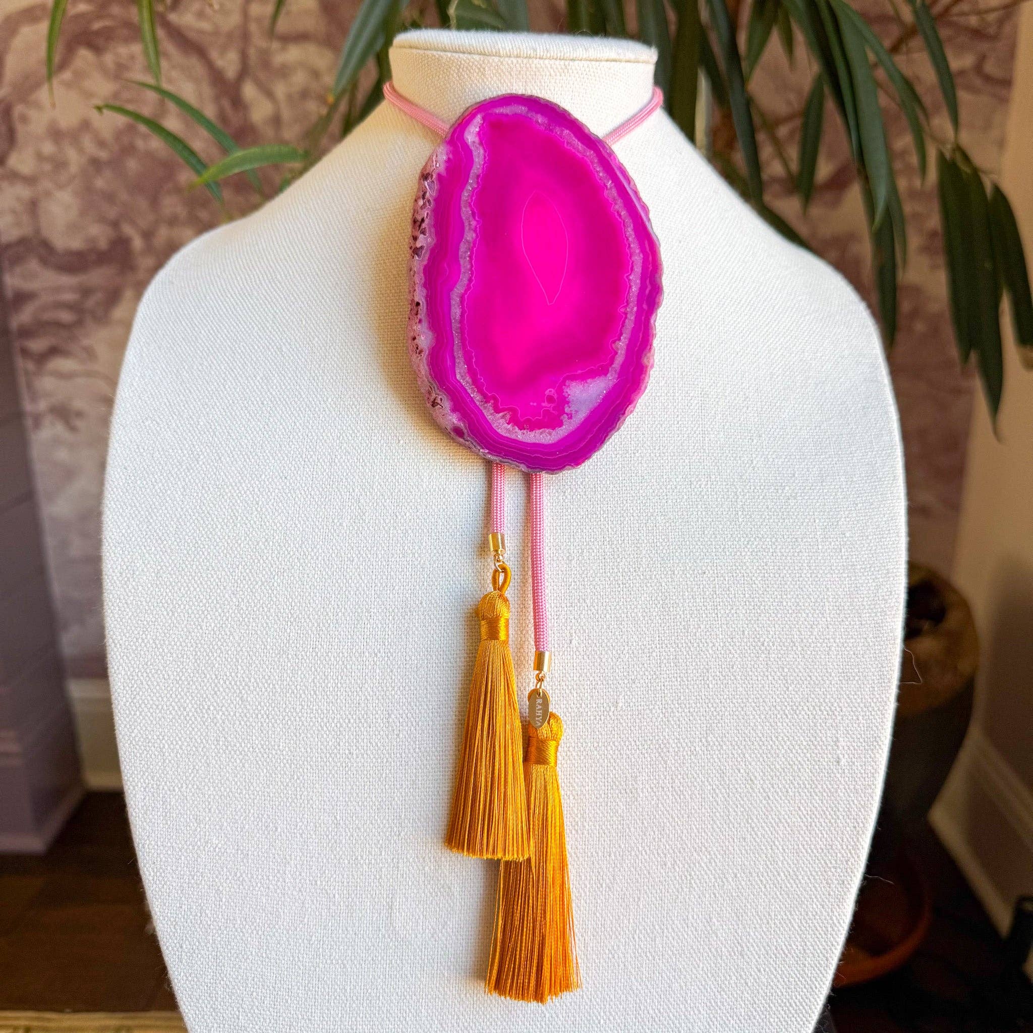 Pink Geode Bolo w/Gold Tassels