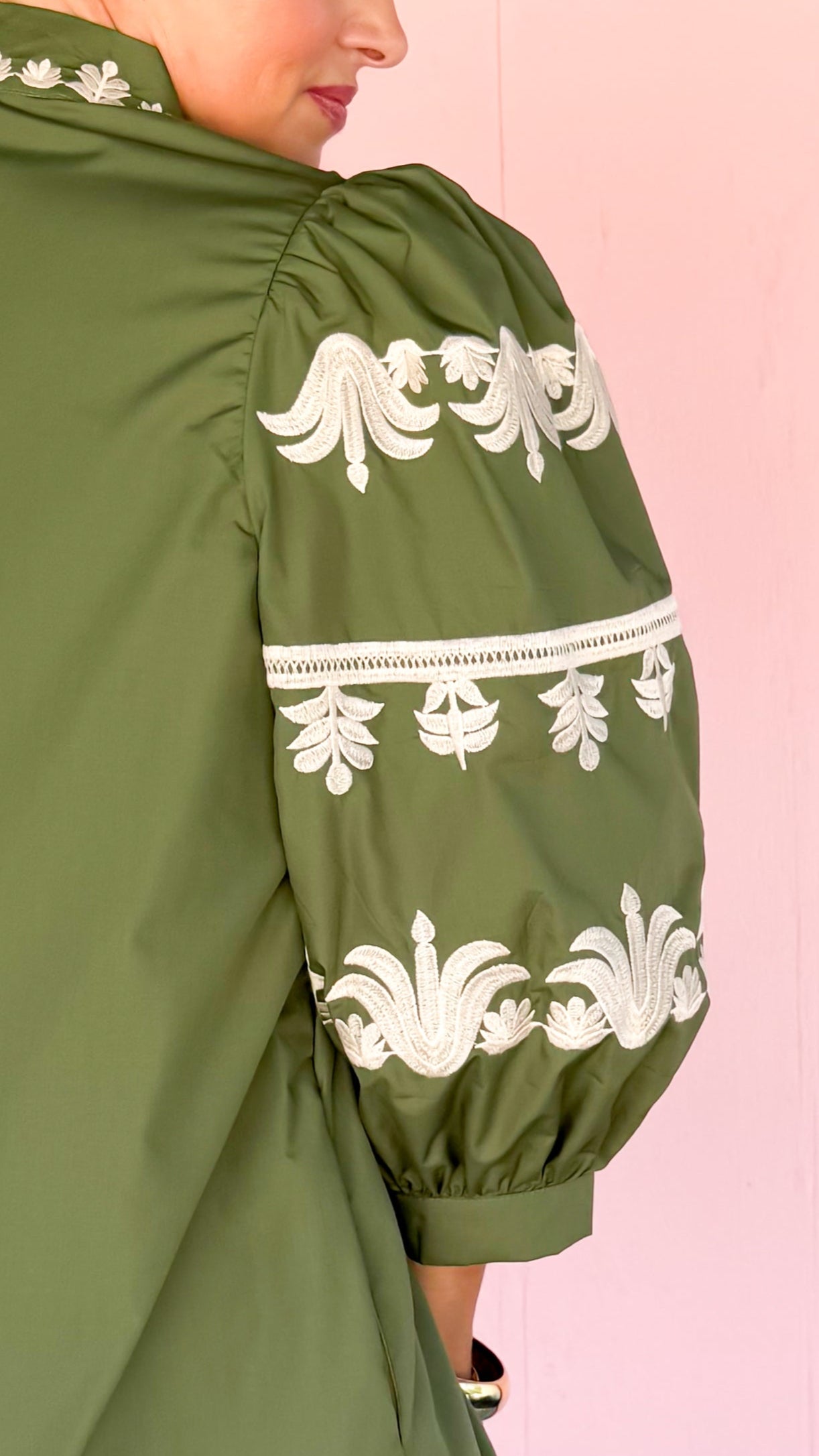 Embroidered 3/4 Sleeve Dress/Olive