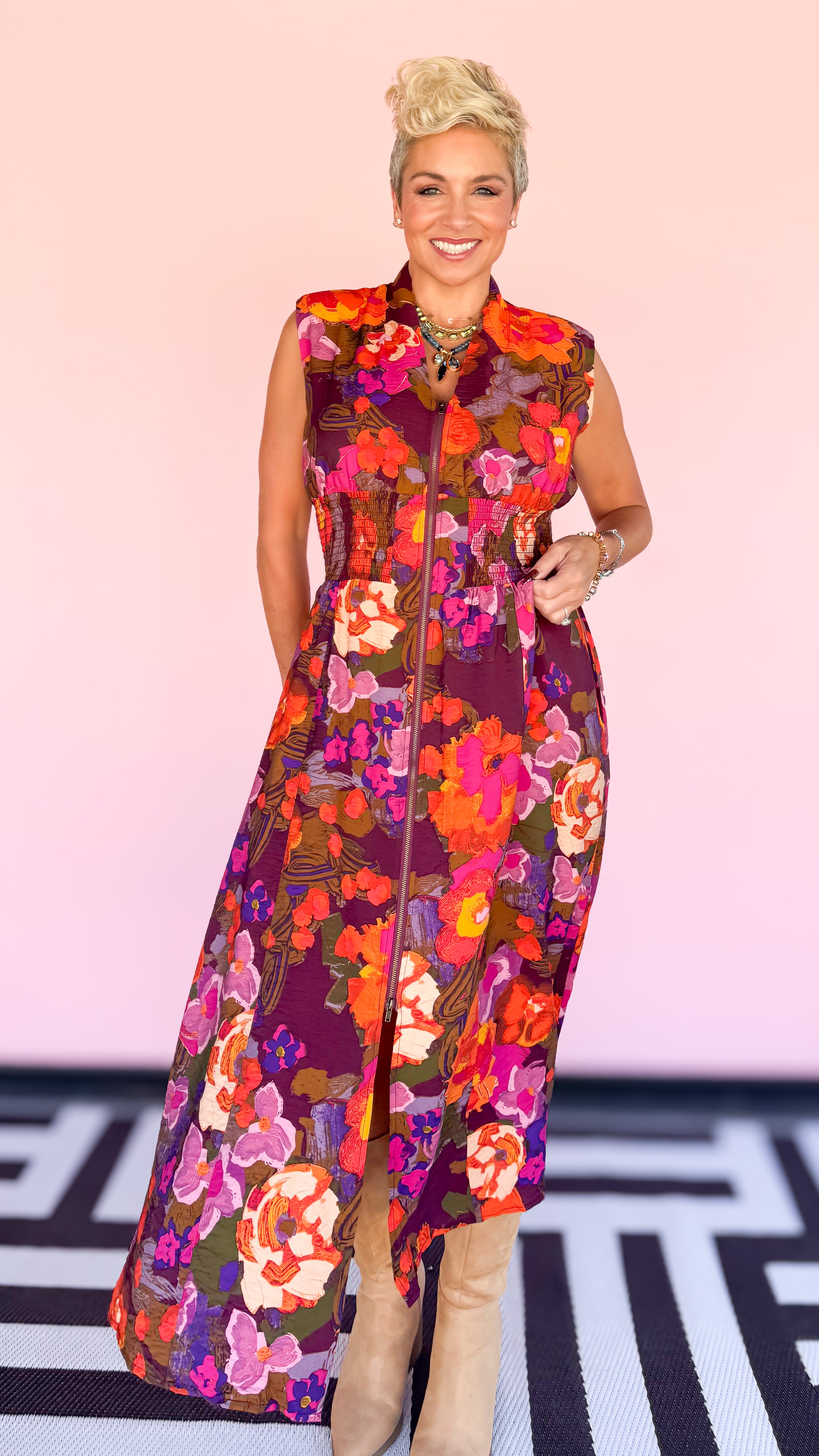 Front Zip Floral Midi Dress