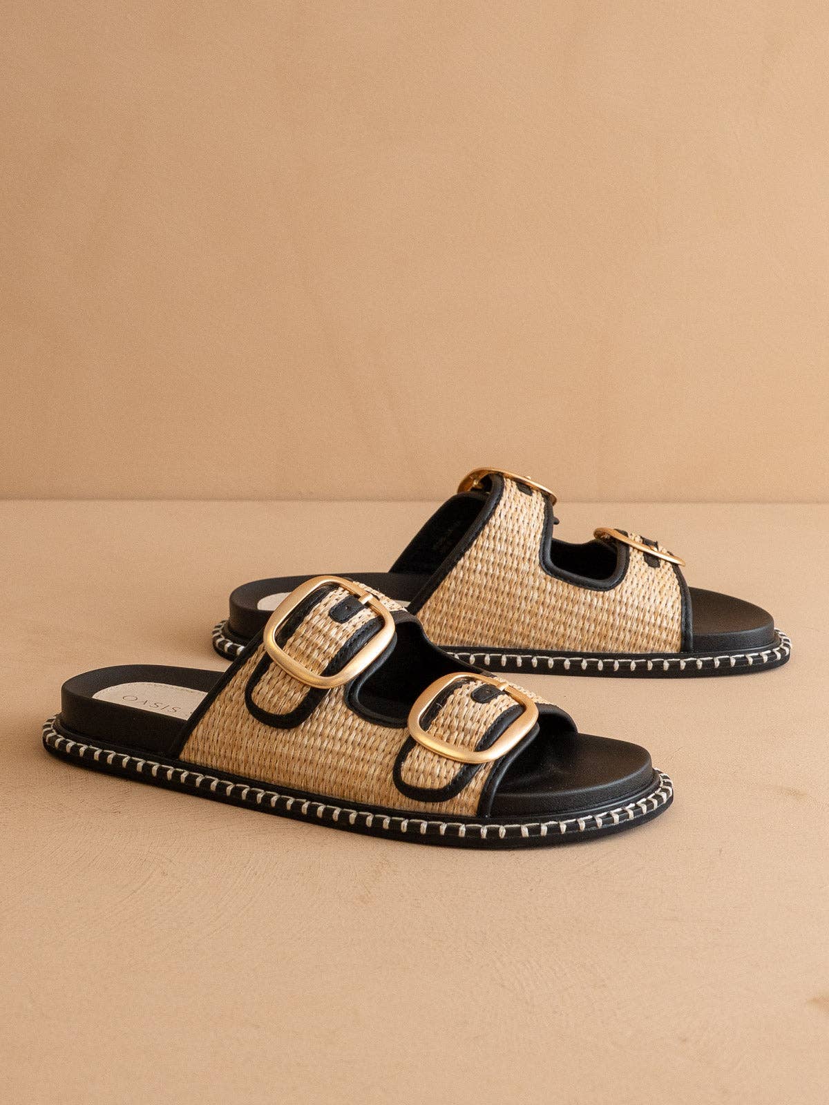 The Daytona Two-Tone Raffia Gold Buckle Sandal