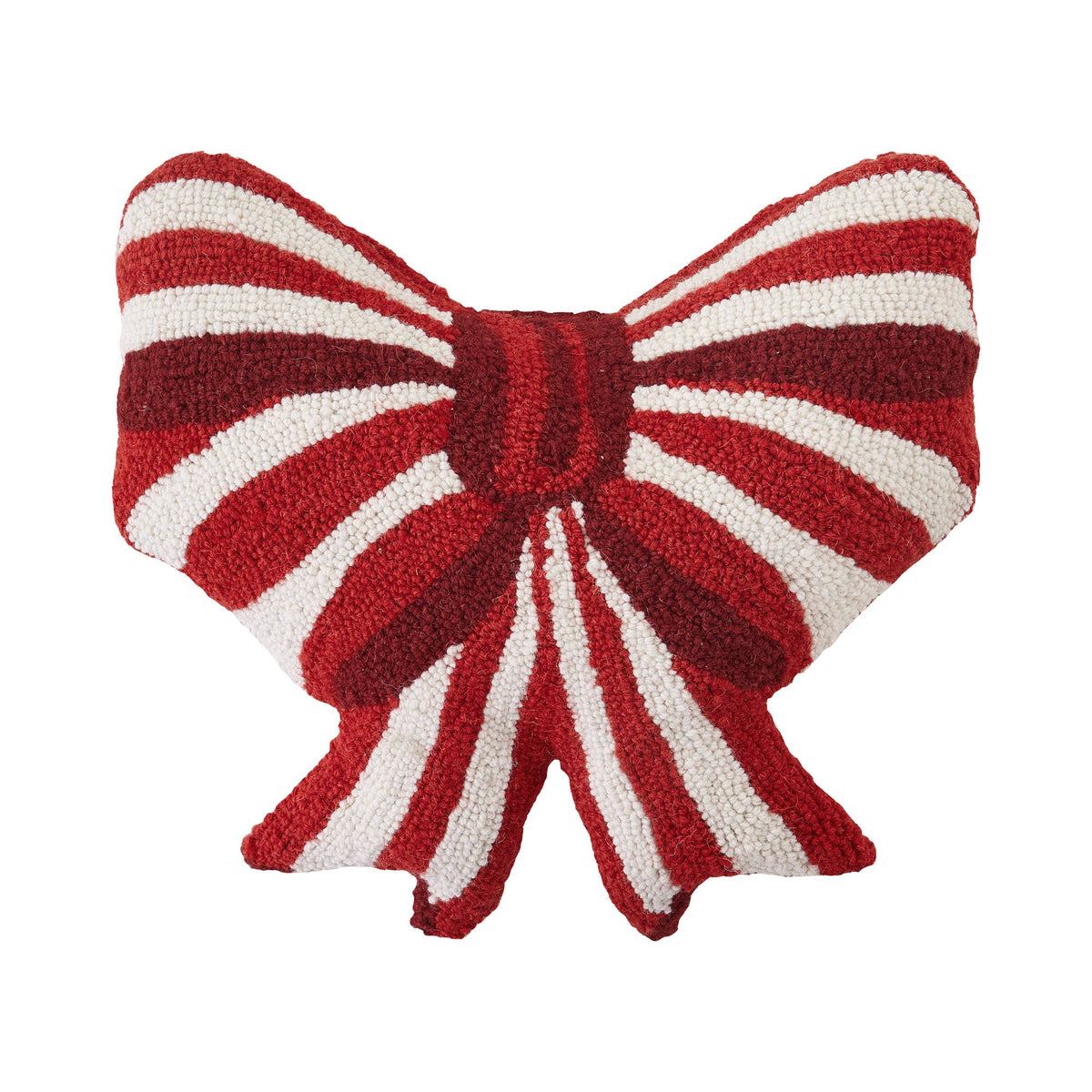 Shaped hooked wool pillow of a red and white bow, original product photo