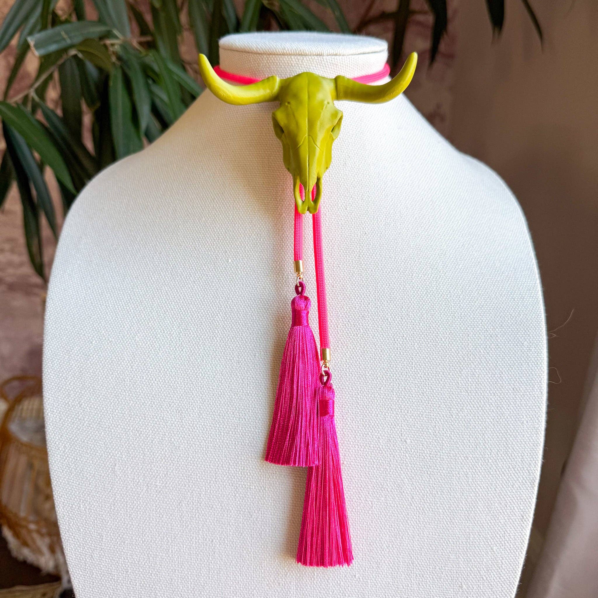 Longhorn Bolo Olive Green with Neon Pink & Fuchsia