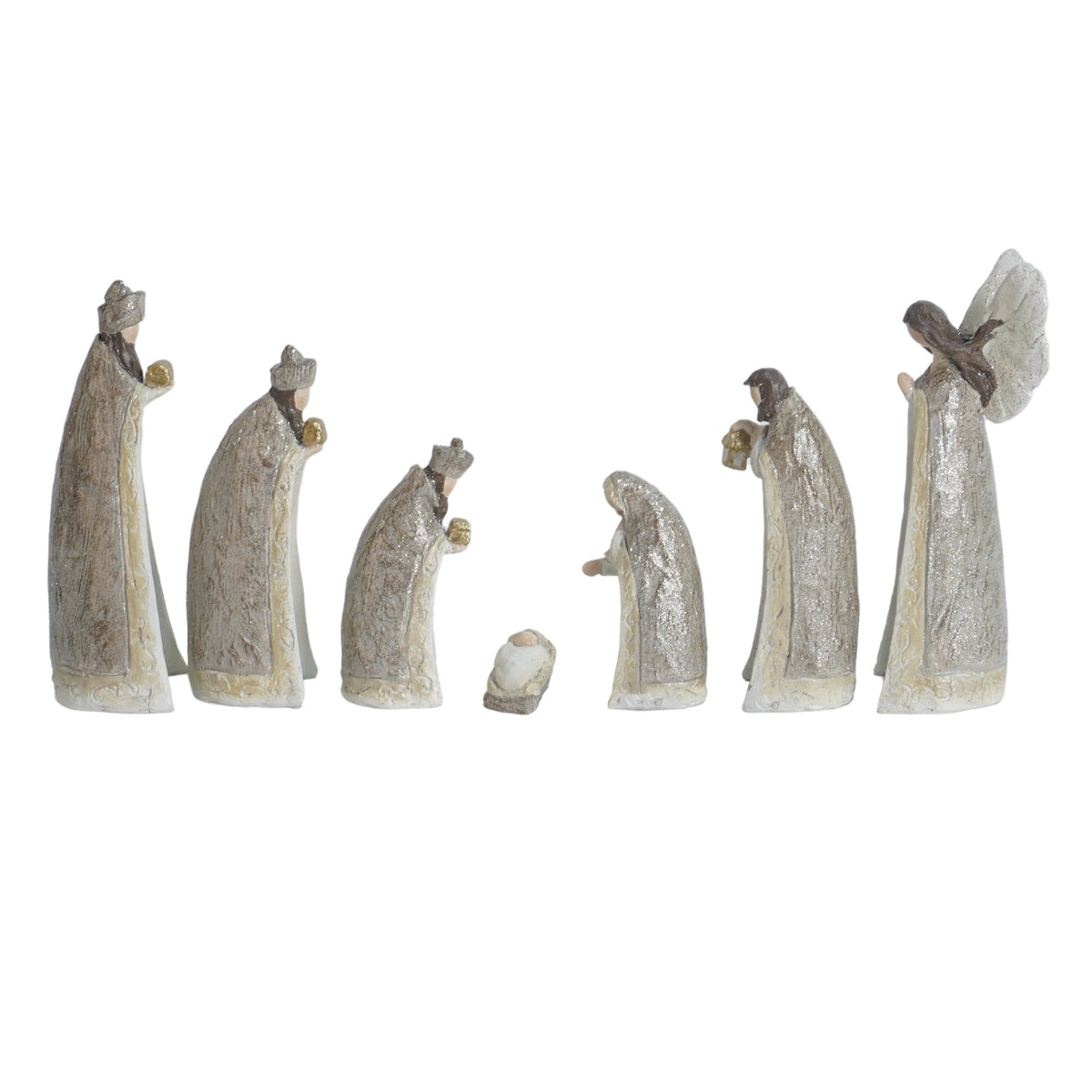 Modern 7-piece resin Nativity set in muted tones, full view