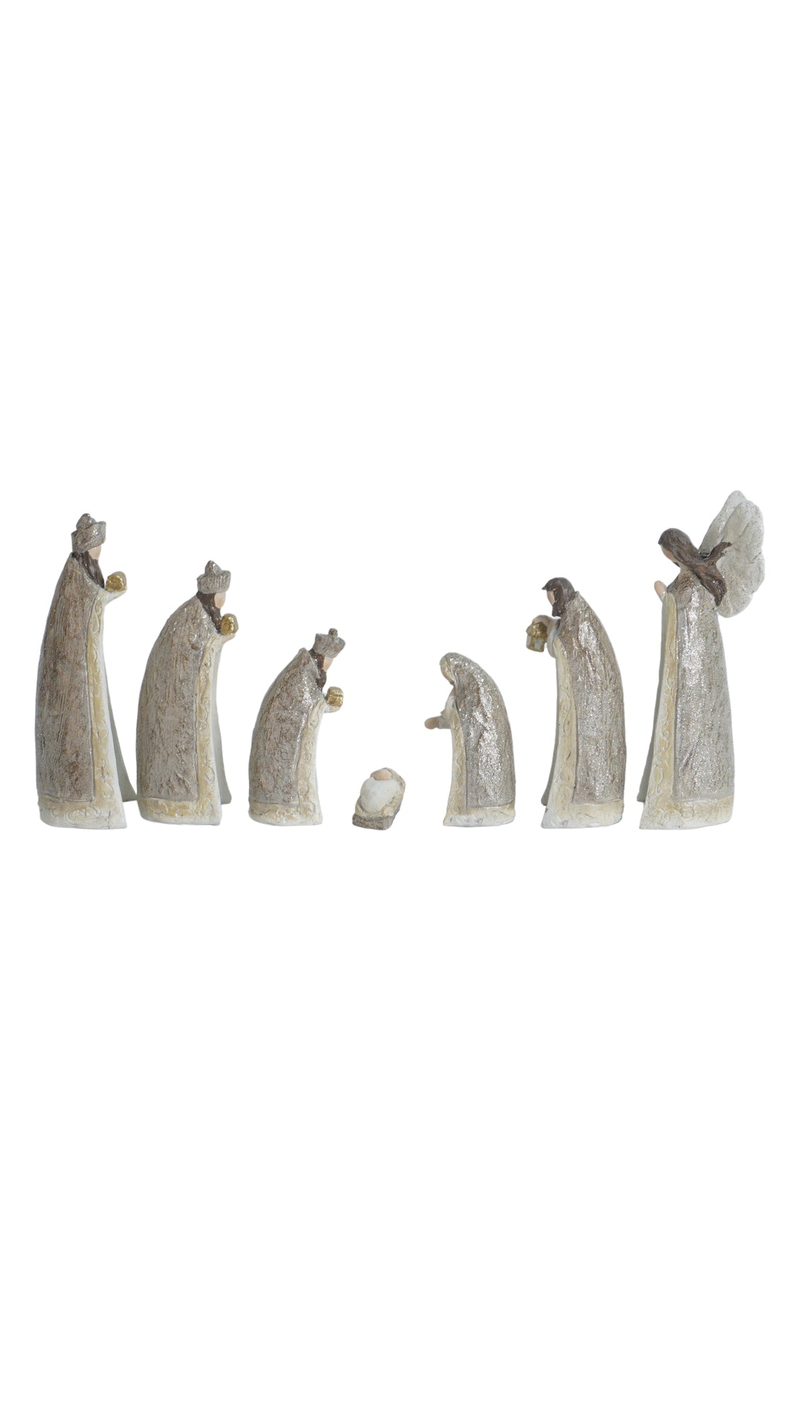 Modern 7-piece resin Nativity set in muted tones, front view