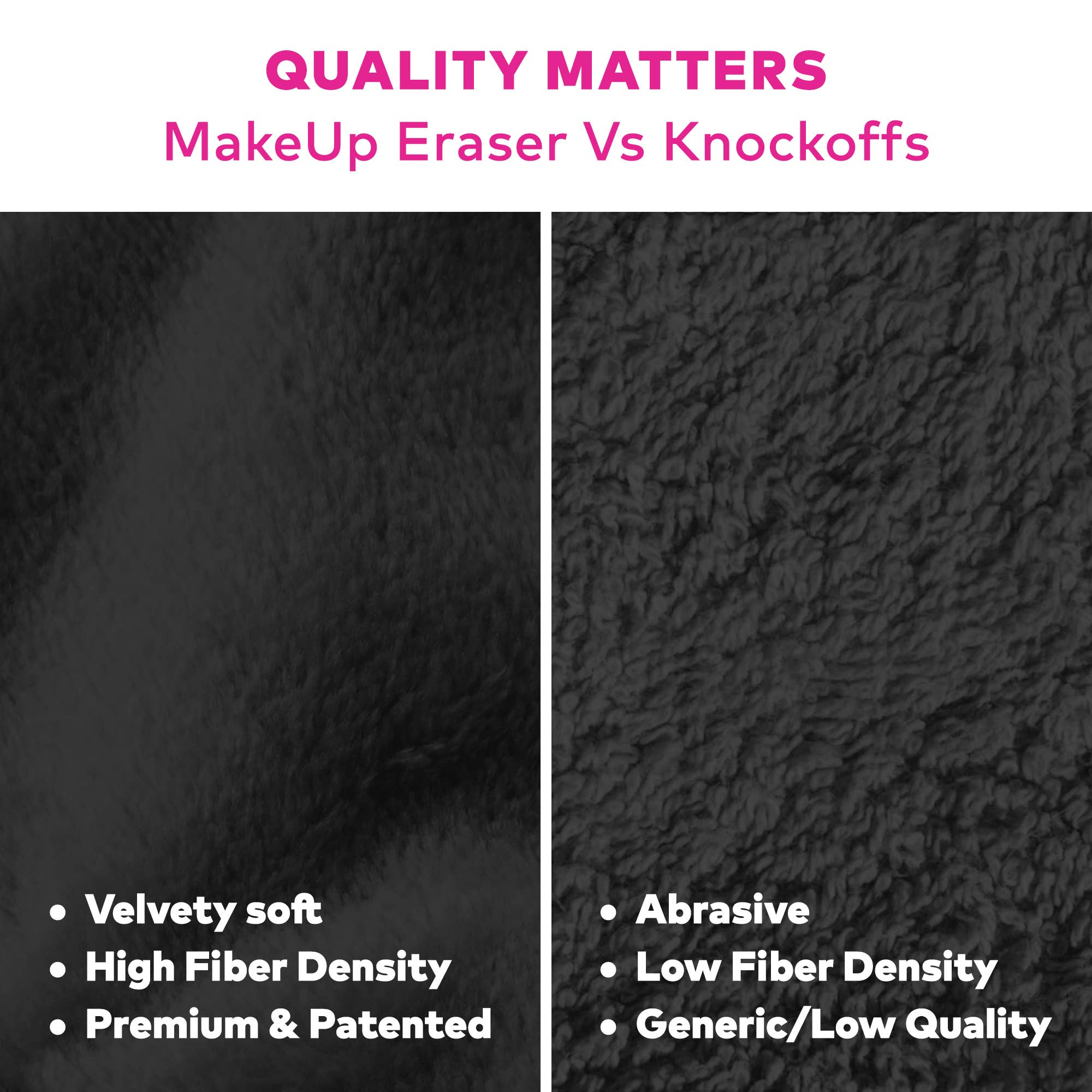Comparison of MakeUp Eraser texture with knockoffs, highlighting quality differences.