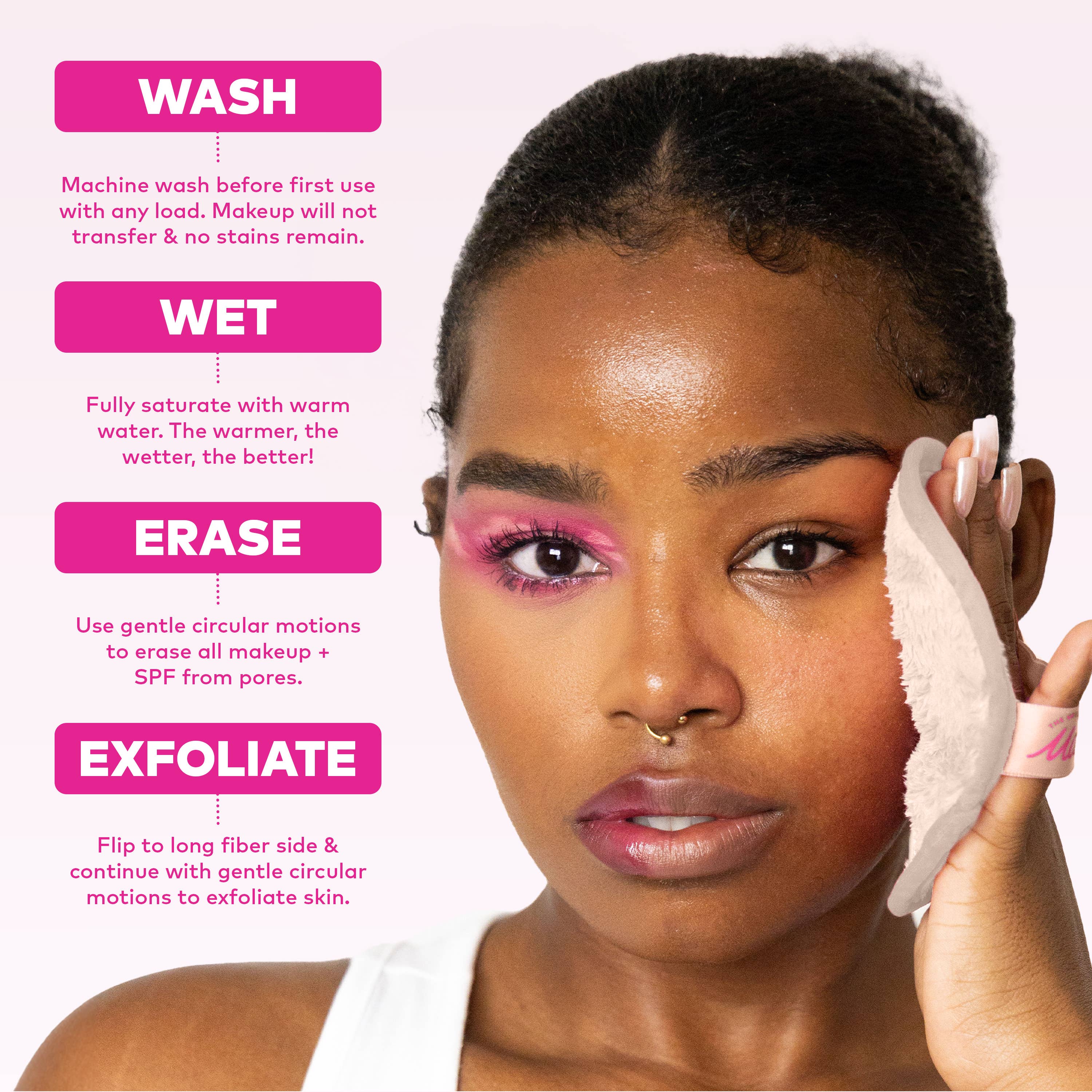 Woman using a facial cleansing pad with washing instructions displayed.