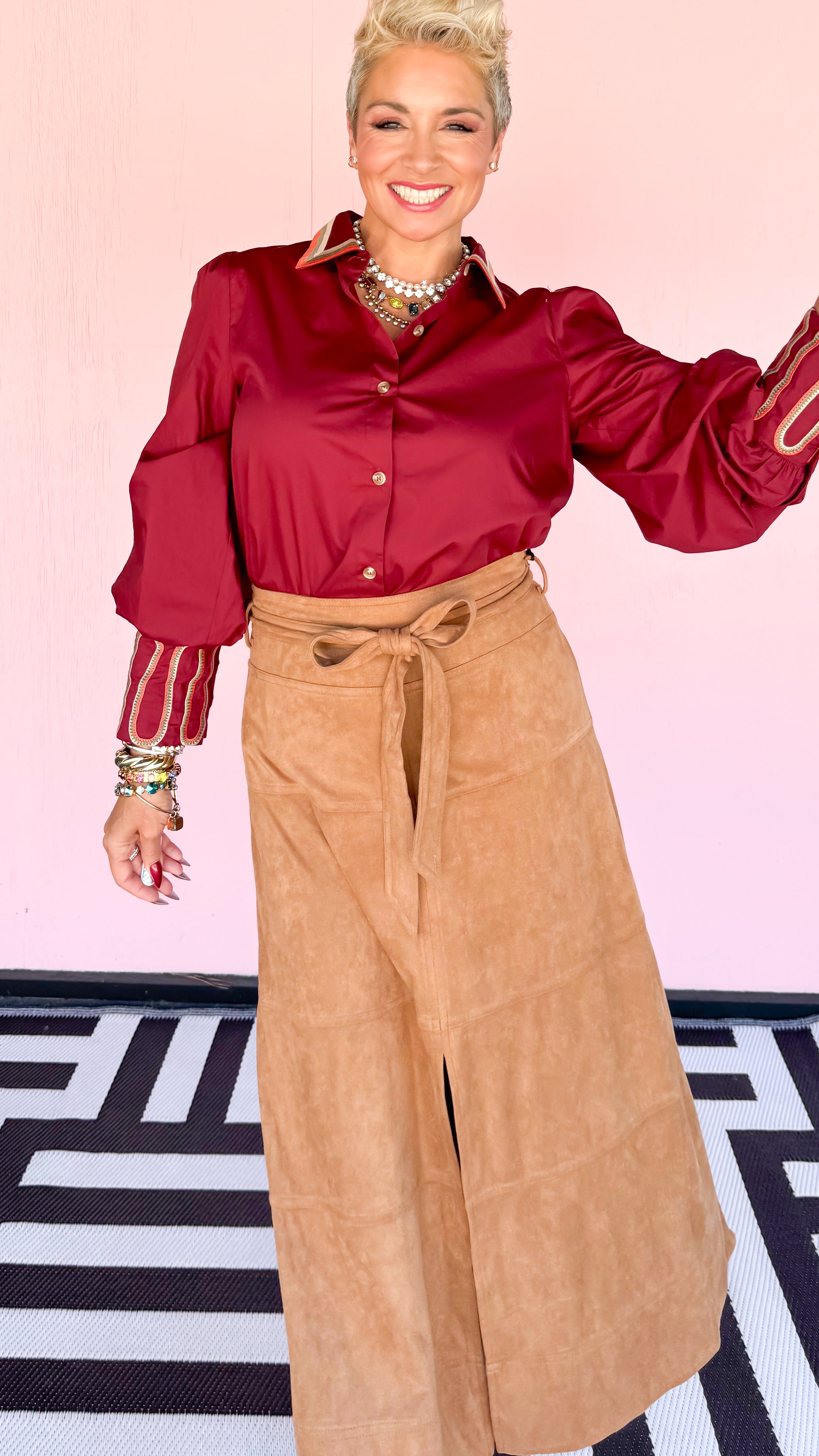Embroidered Collar & Cuff Blouse/Burgundy