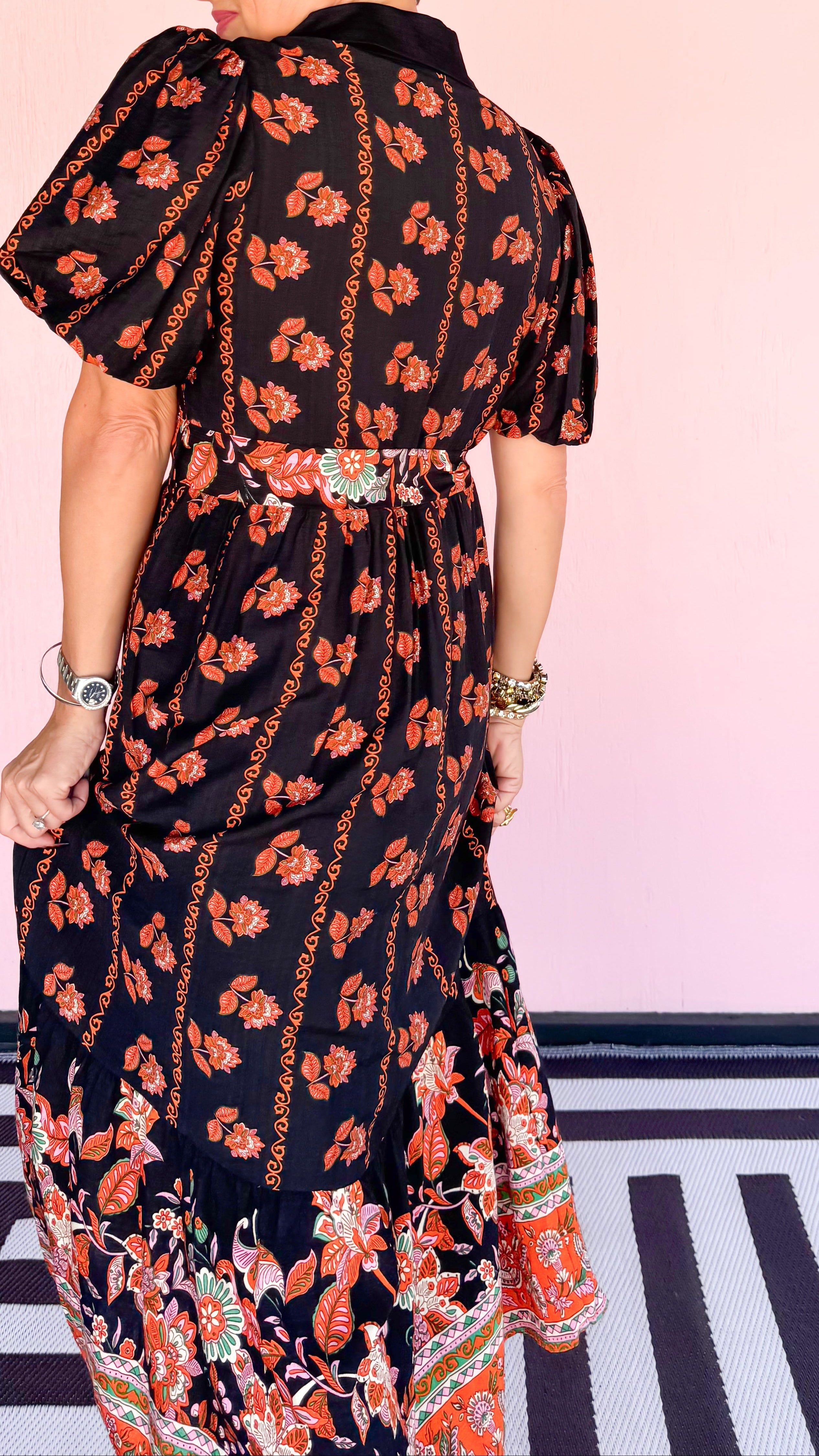 Olivia Bubble Sleeve Floral Dress/Black