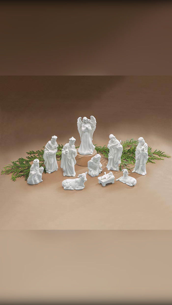 10-piece white porcelain Nativity set, front view