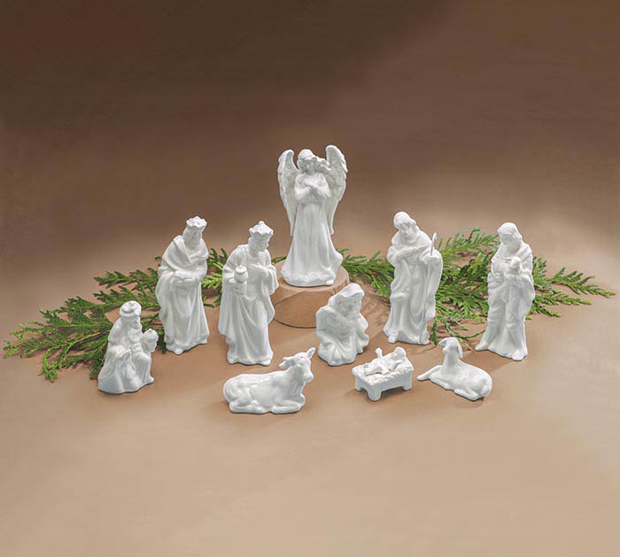 10-piece white porcelain Nativity set, full view