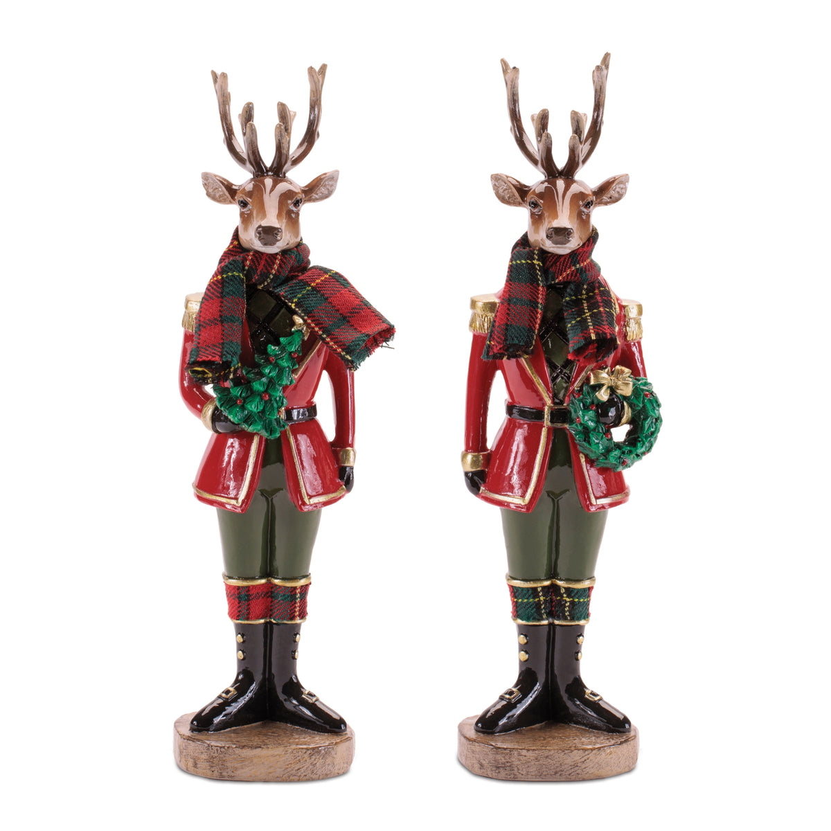 Deer soldier figurine in fabric coat and boots holding a wreath, full view