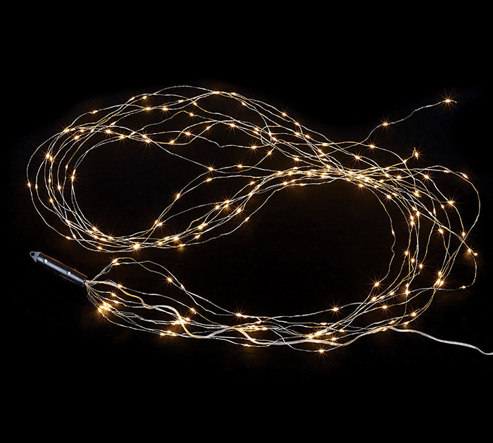 200 warm white string lights on slim silver wire, full view