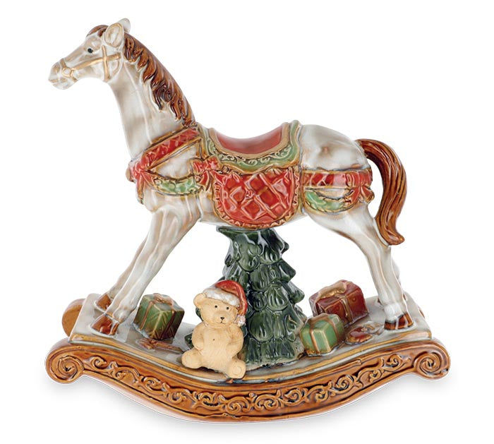 Porcelain Christmas rocking horse figurine with tree and presents, full view