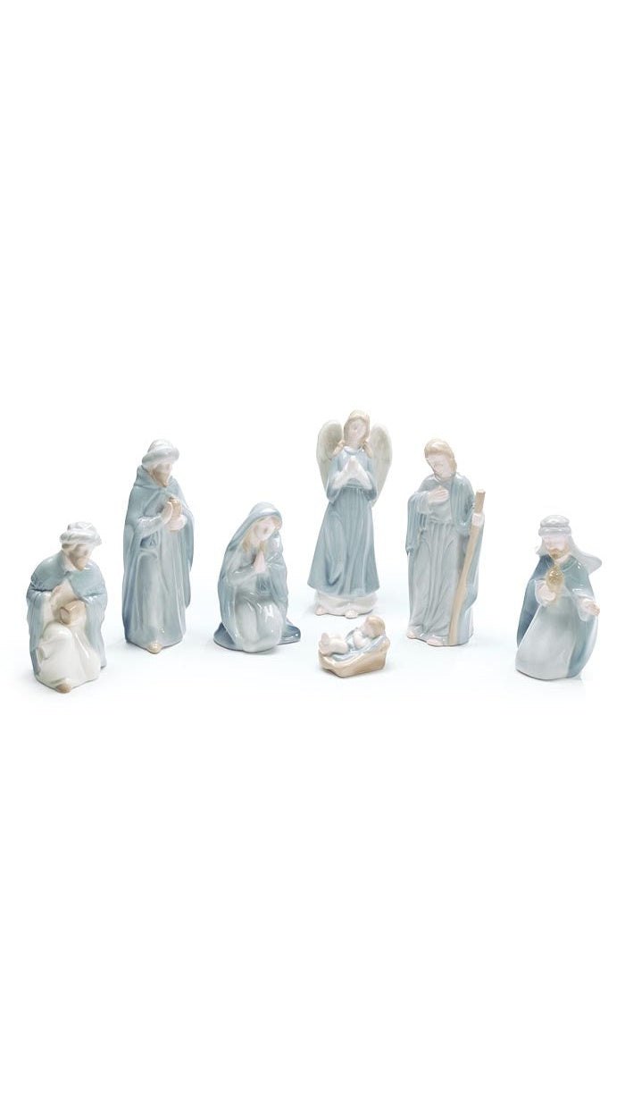 7-piece blue and white ceramic Nativity set, front view