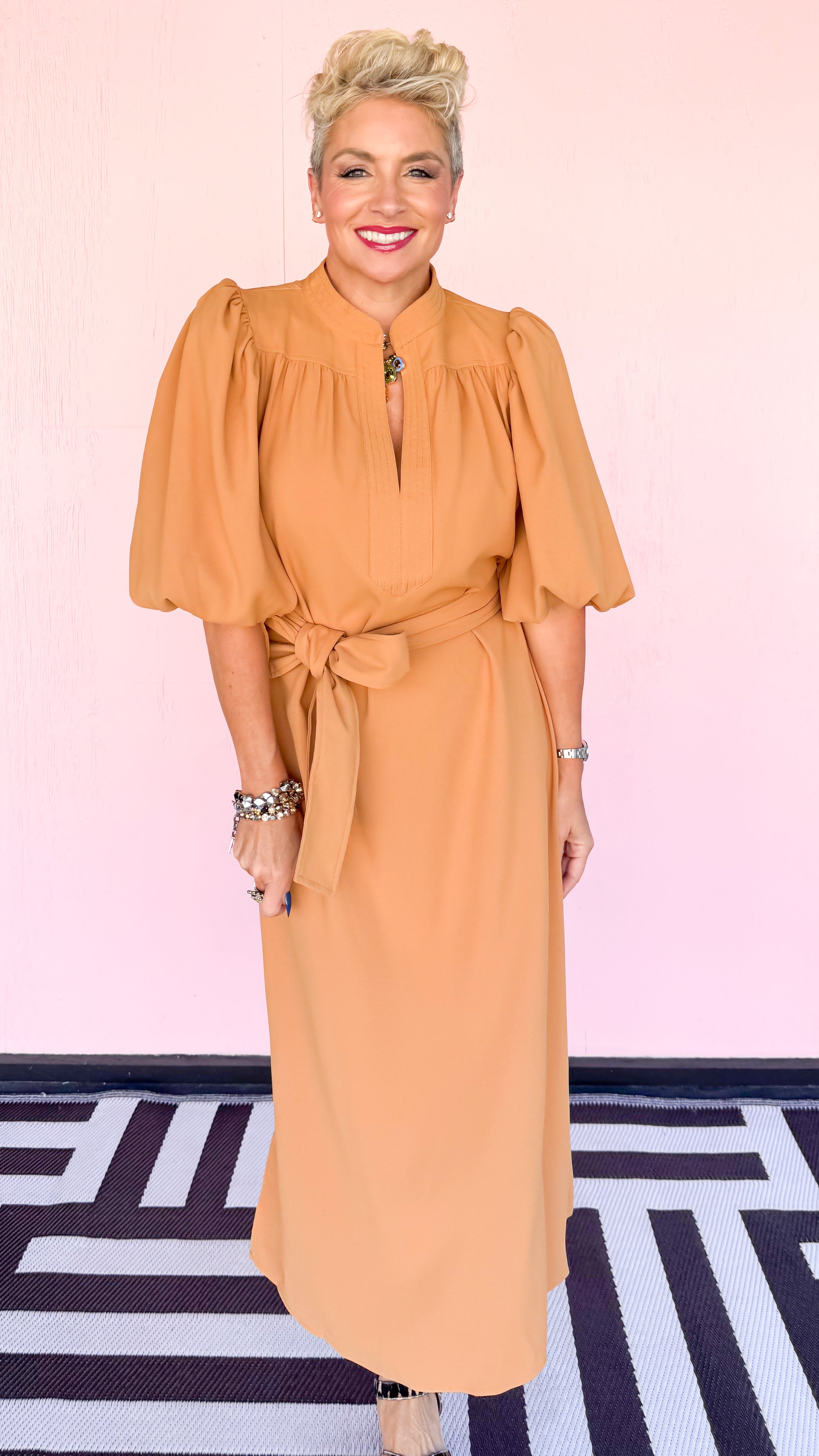 Bubble Sleeve Midi Dress in Camel