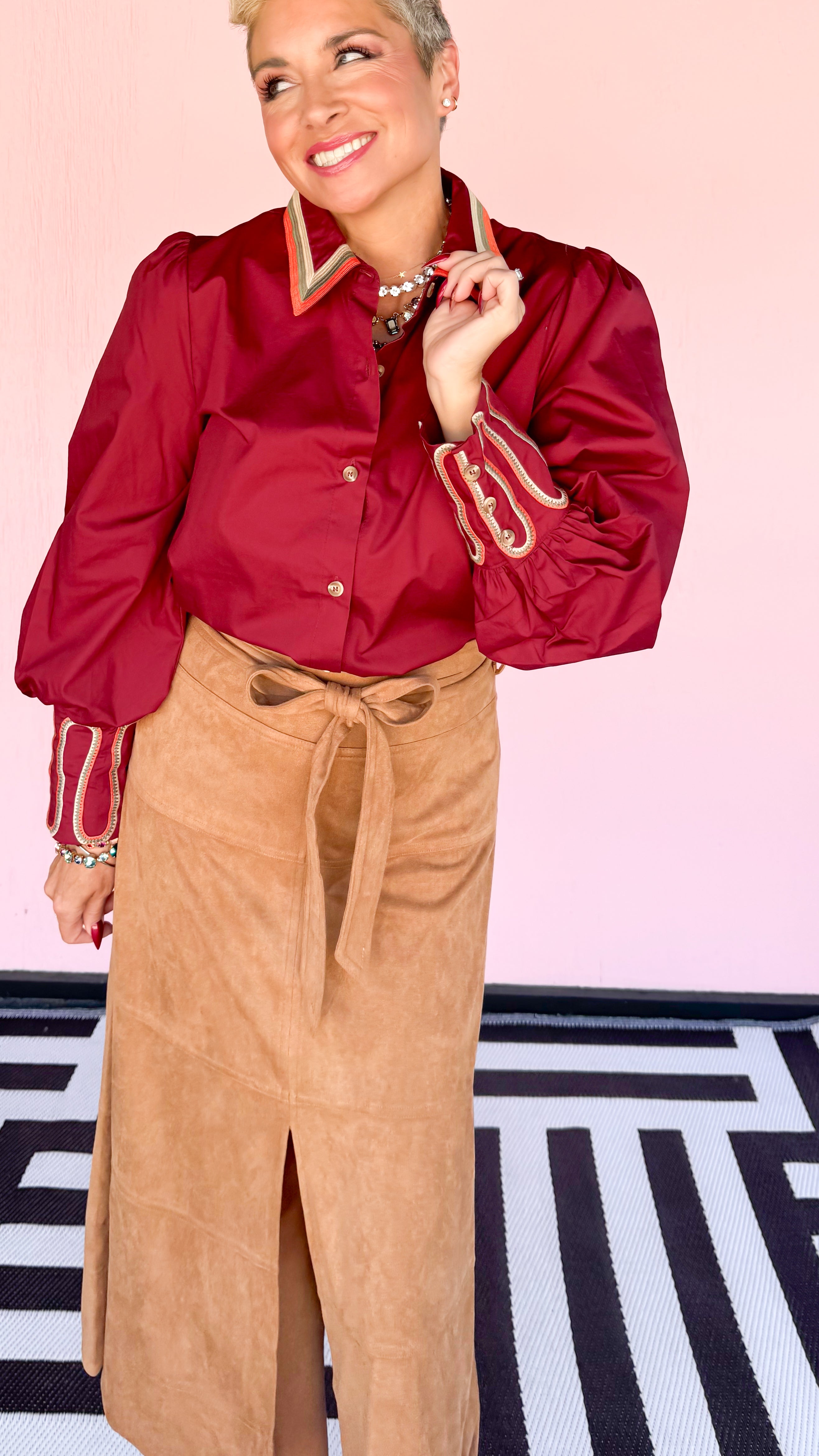 Embroidered Collar & Cuff Blouse/Burgundy
