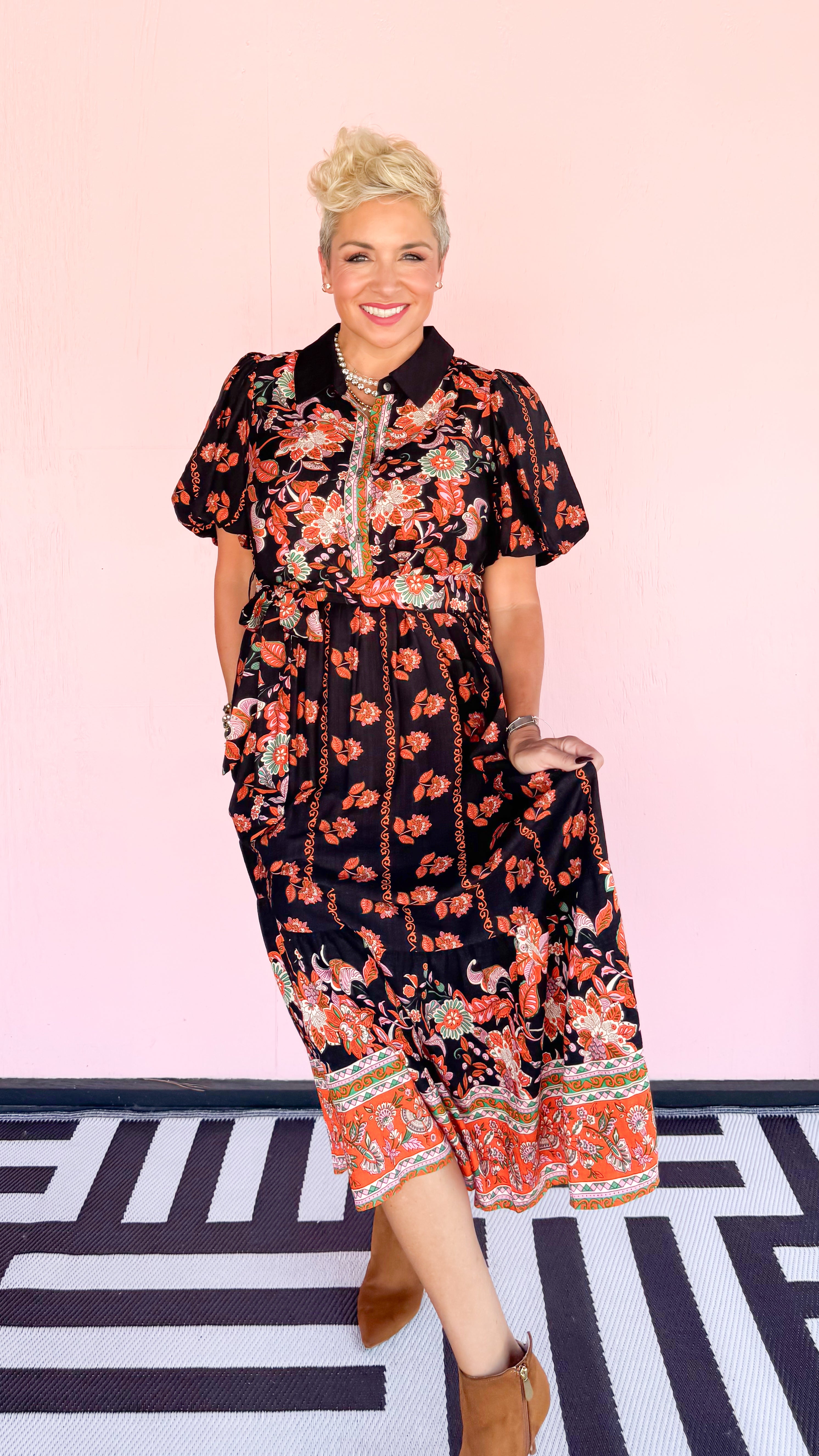 Olivia Bubble Sleeve Floral Dress/Black