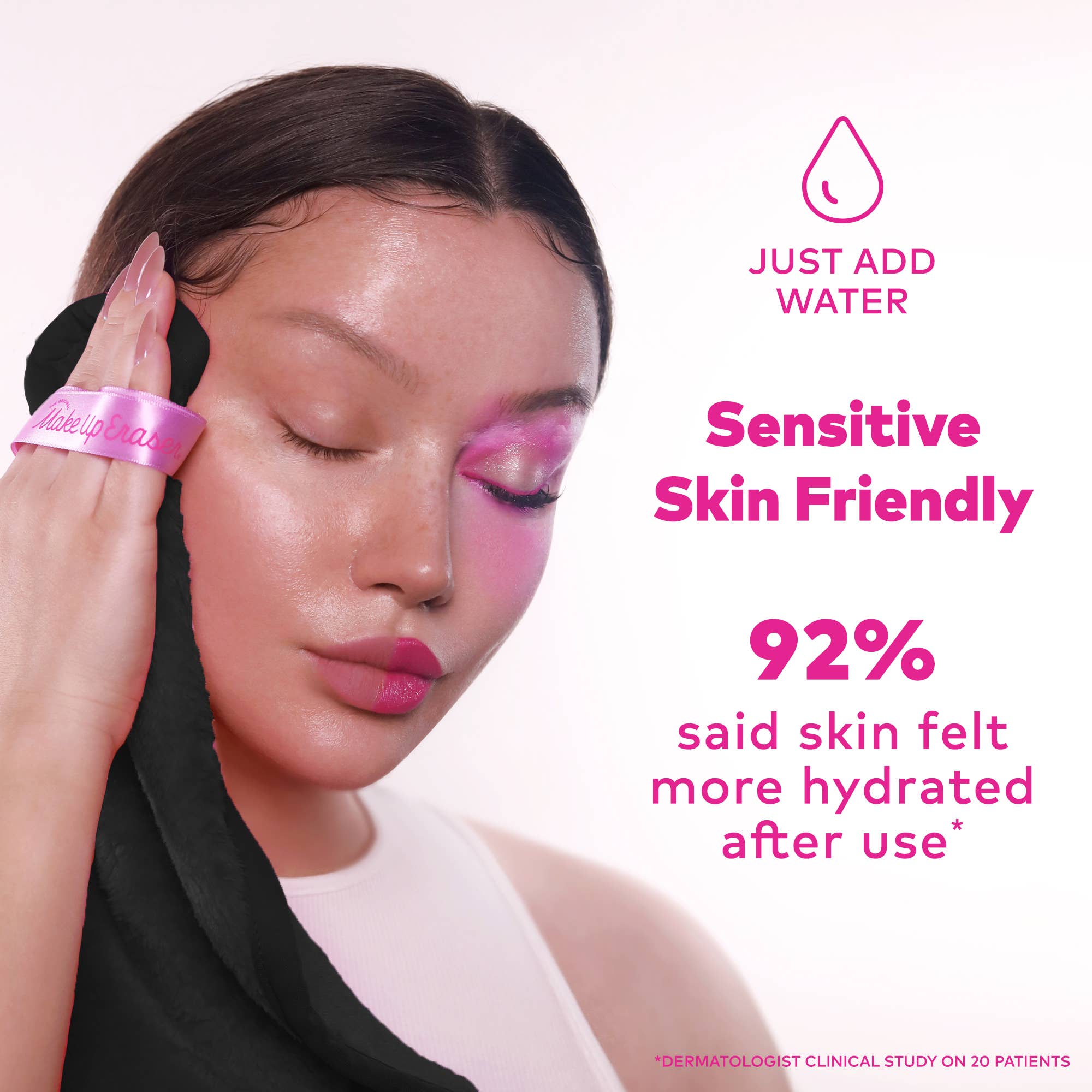 Woman applying a skincare product with text highlighting 'Sensitive Skin Friendly' and hydration benefits.