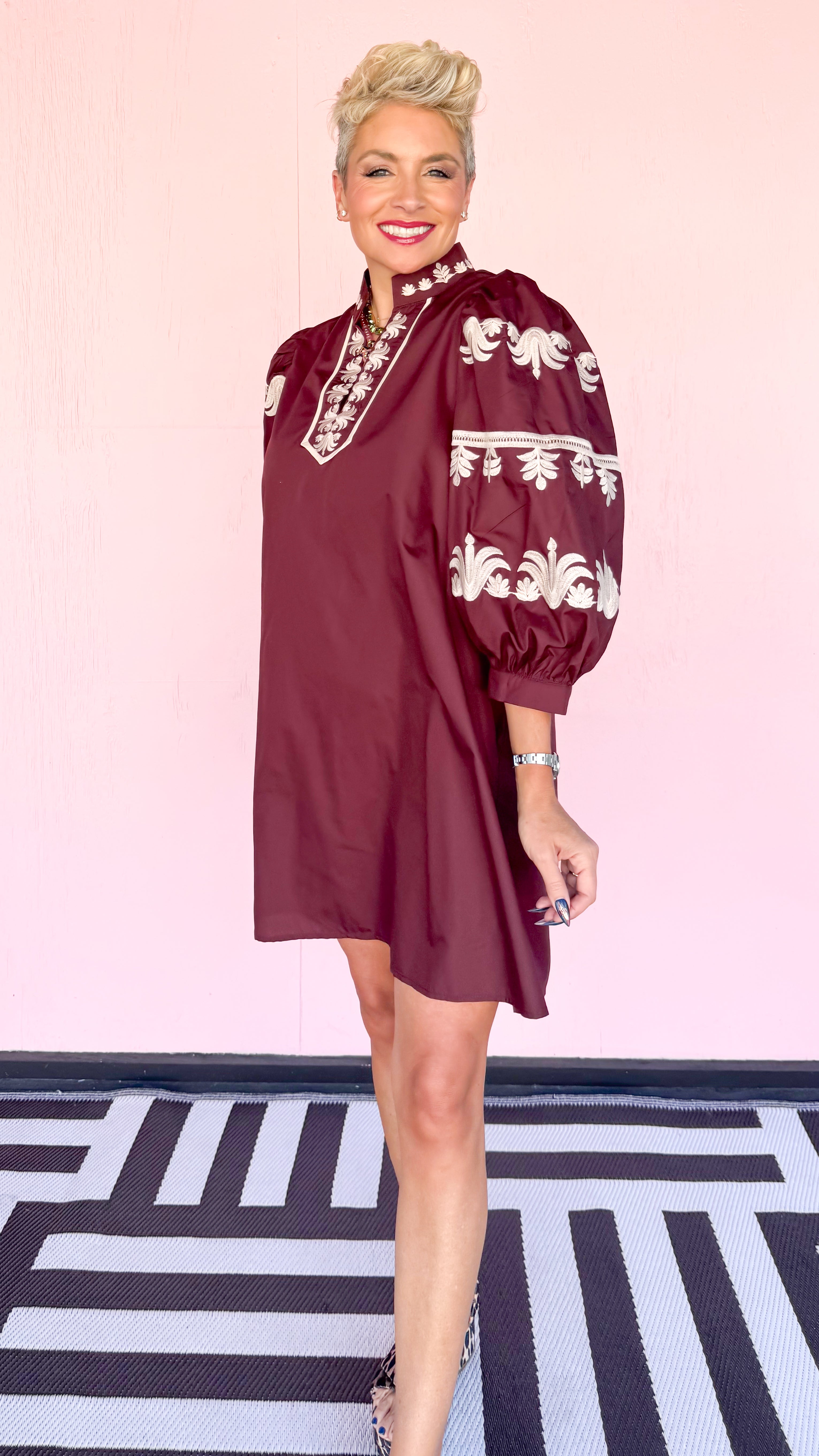 Embroidered 3/4 Sleeve Dress/Merlot - The BLVD