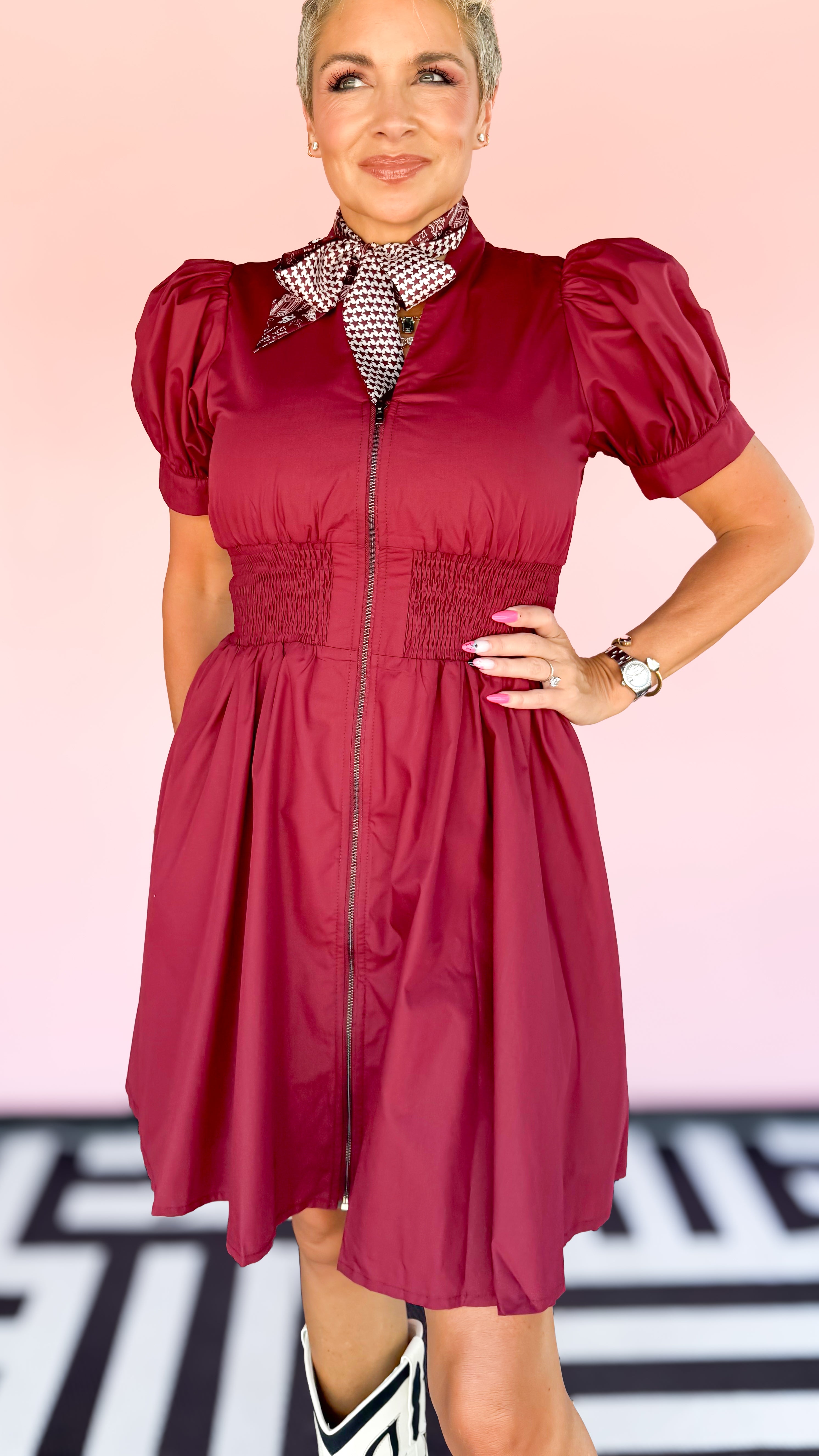 Smocked Waist Zip Front Dress/Burgundy - The BLVD