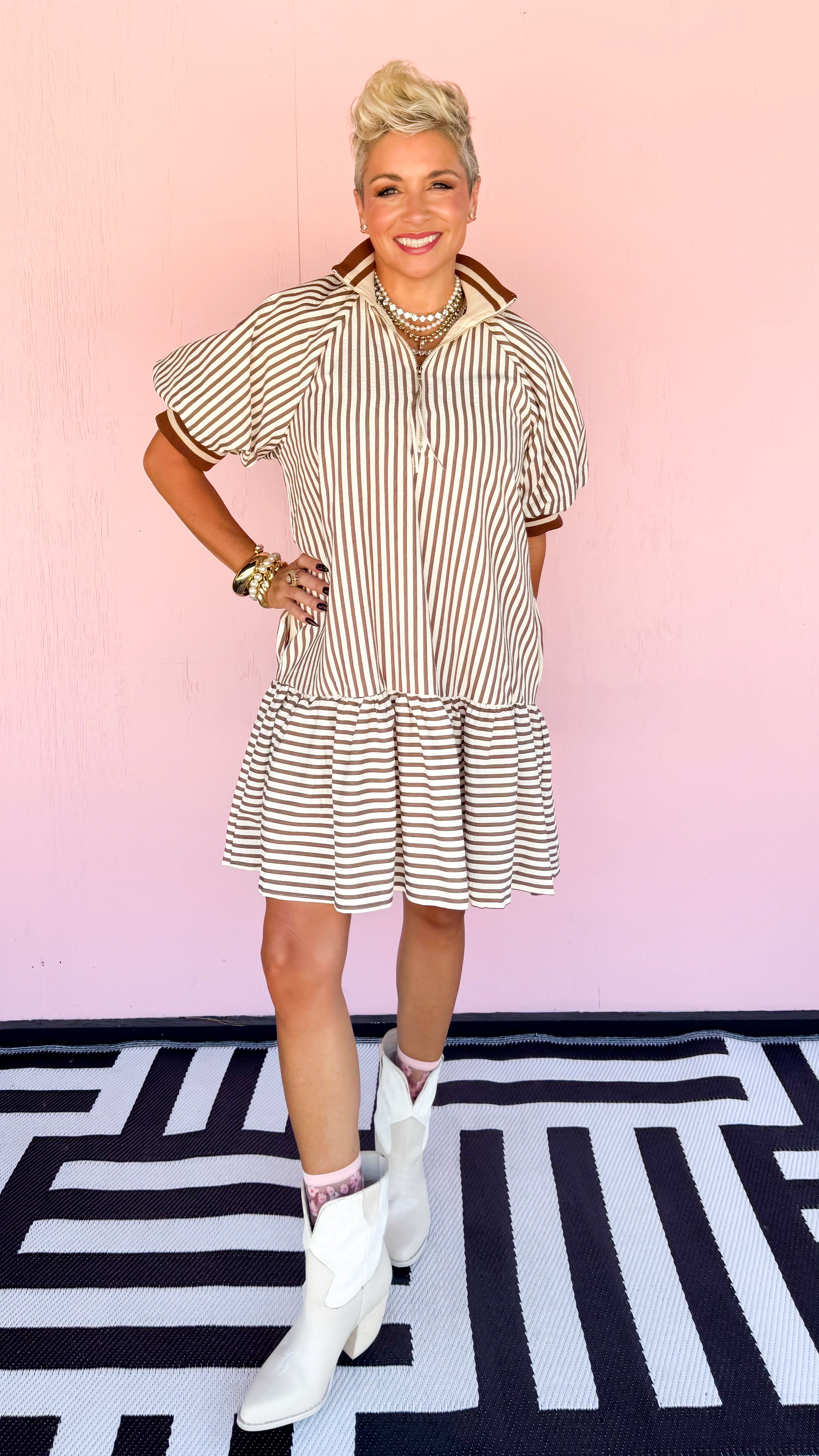 Striped 1/2 Zip Short Dress/Brown
