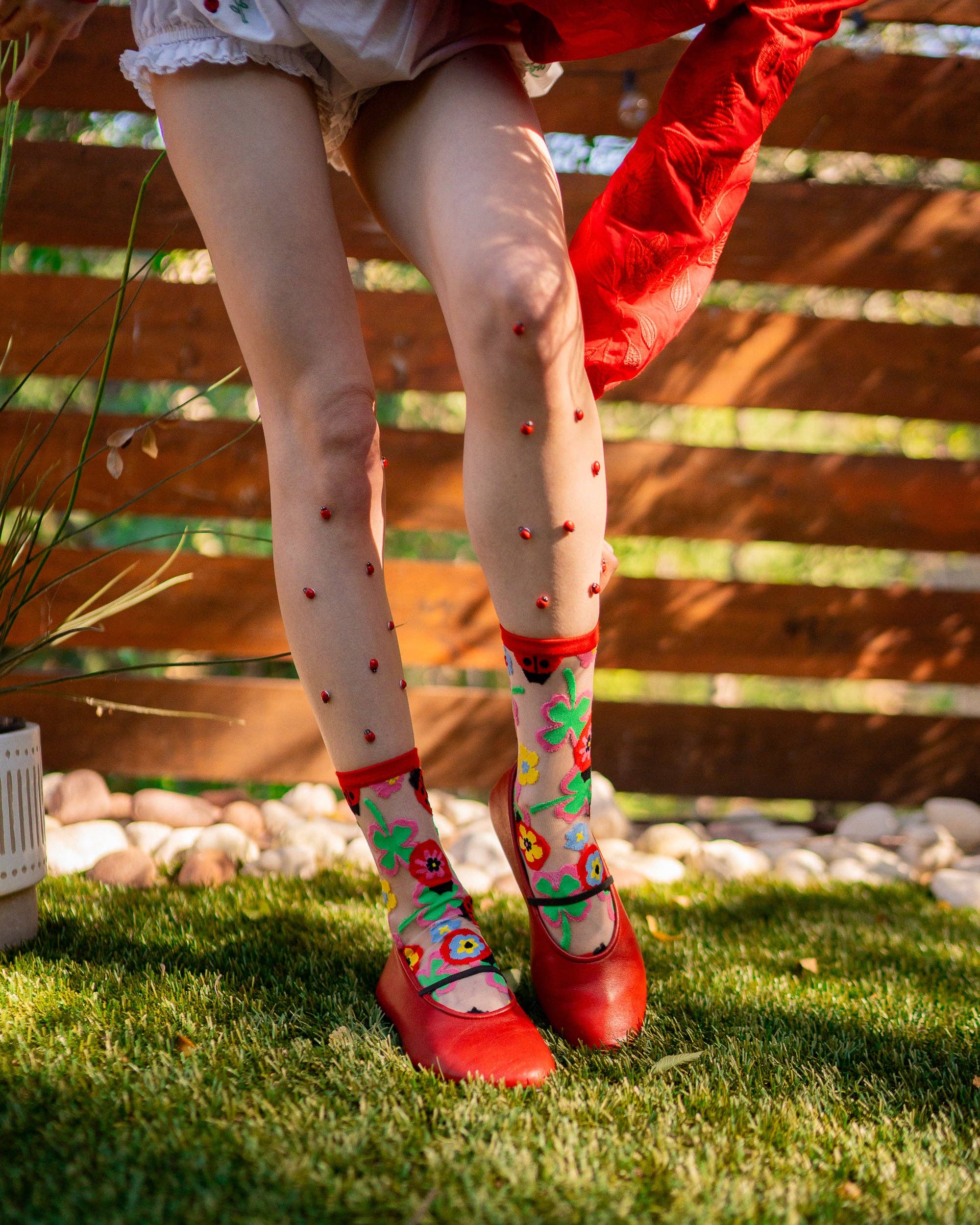 Lucky Ladybug sheer crew sock product photo - styled view - BLVD Boutik