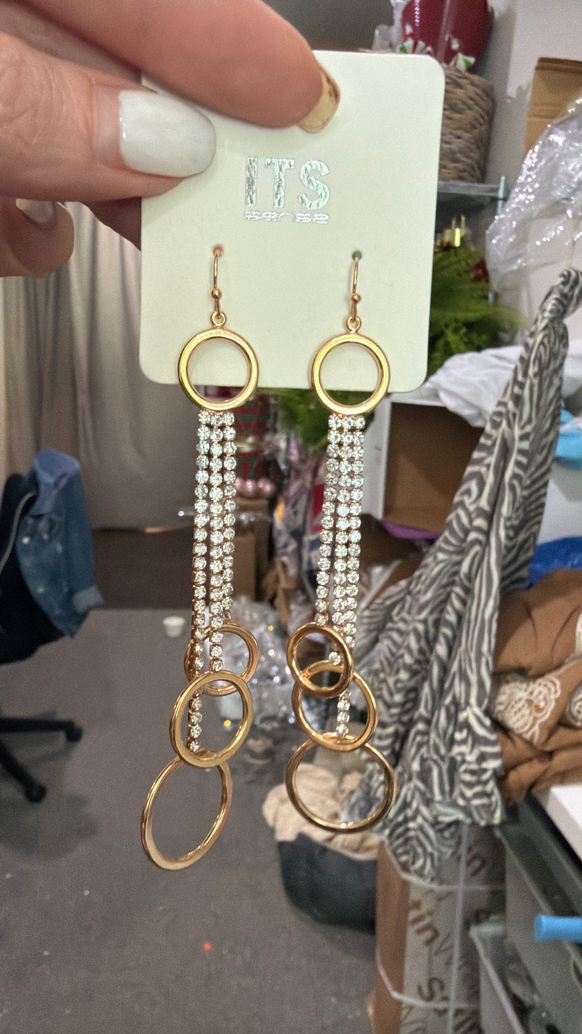 SW Trading Rhinestone Fringe & Hoop Earrings, gold, rhinestone chain fringe with hoops, front view 9x16
