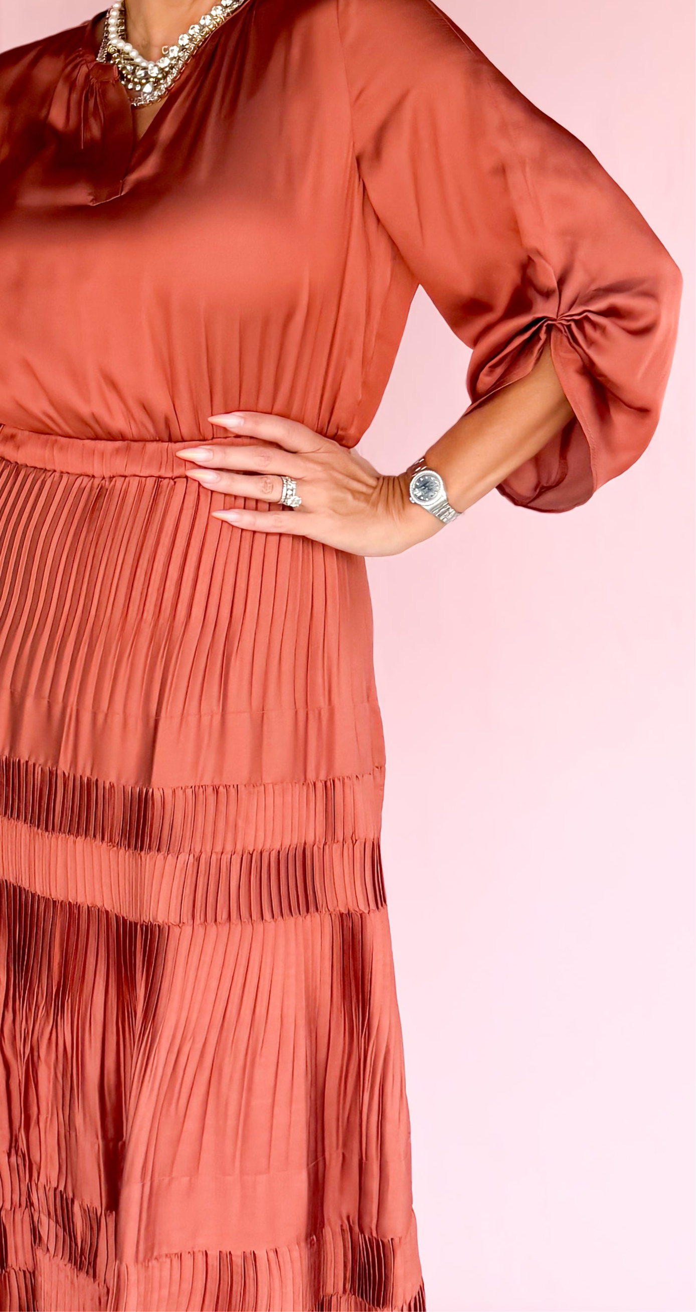 Morgan Pleated Midi Dress/ Rust