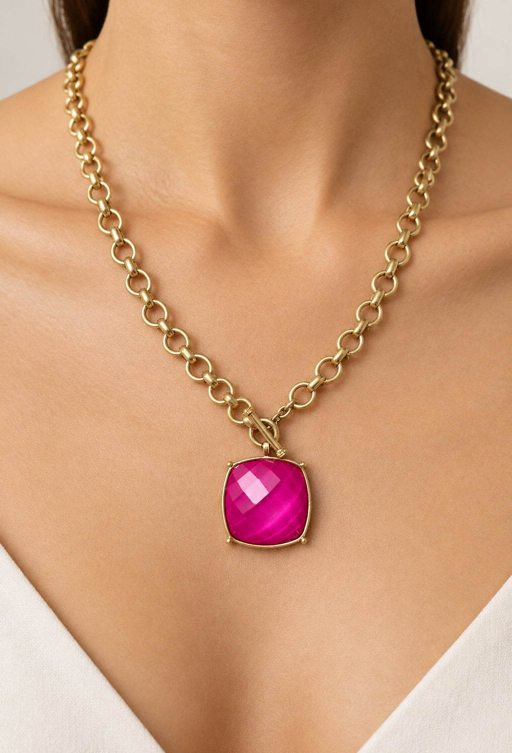 I R I & Studio Chunky Fuchsia Faceted Stone Toggle Necklace, chunky faceted stones with toggle closure, full view