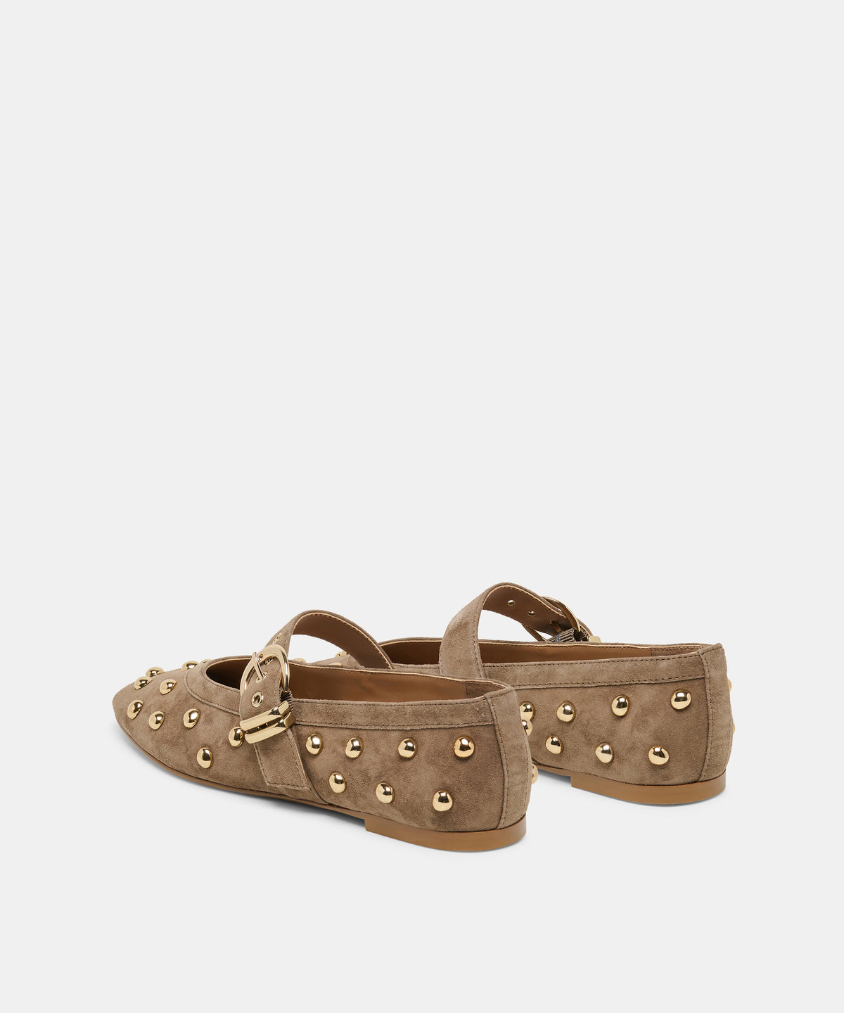 Olive suede Mikel Stud flats with gold studs and buckle