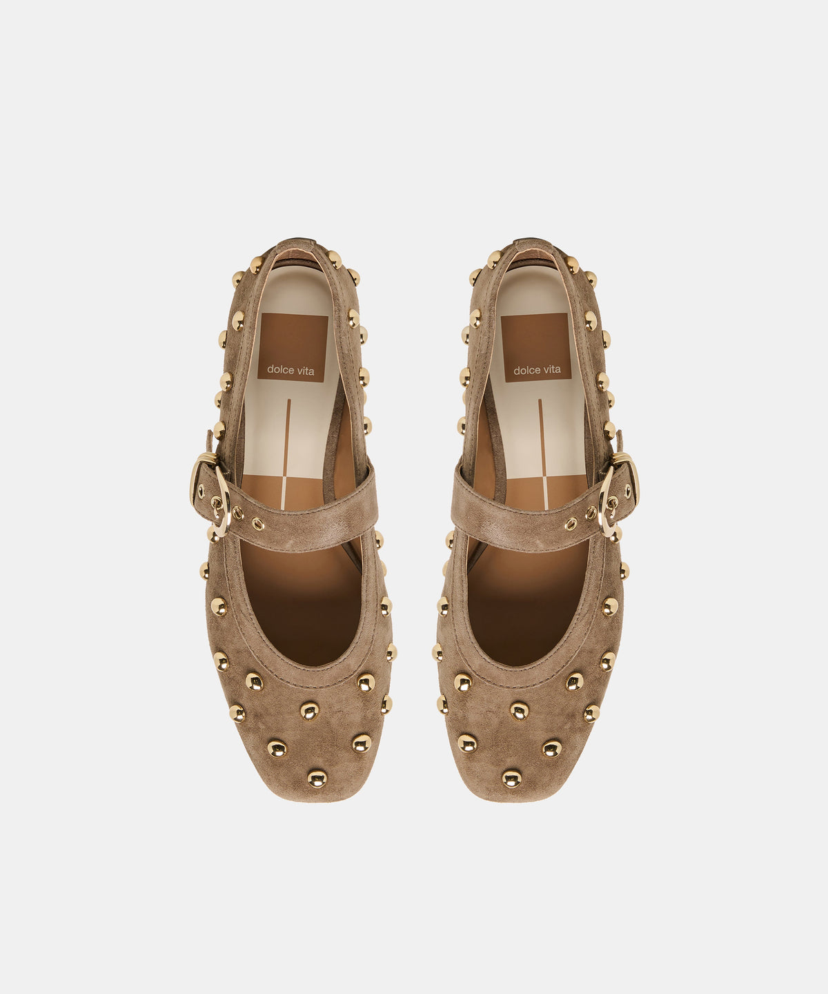 Gold stud detail on Dolce Vita Mikel Stud olive suede flat
