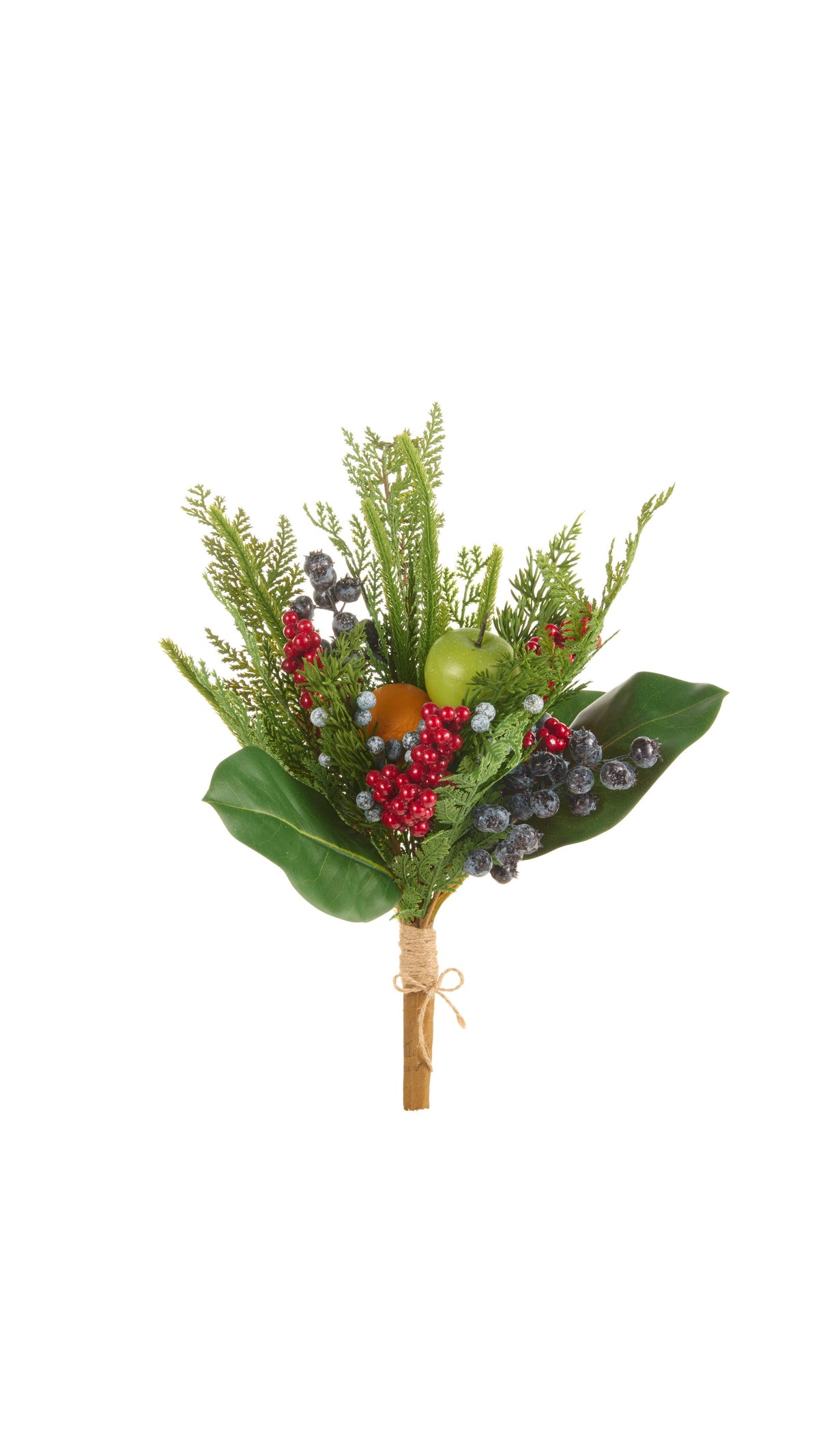 18 inch faux pine and fruit bush, full view on white