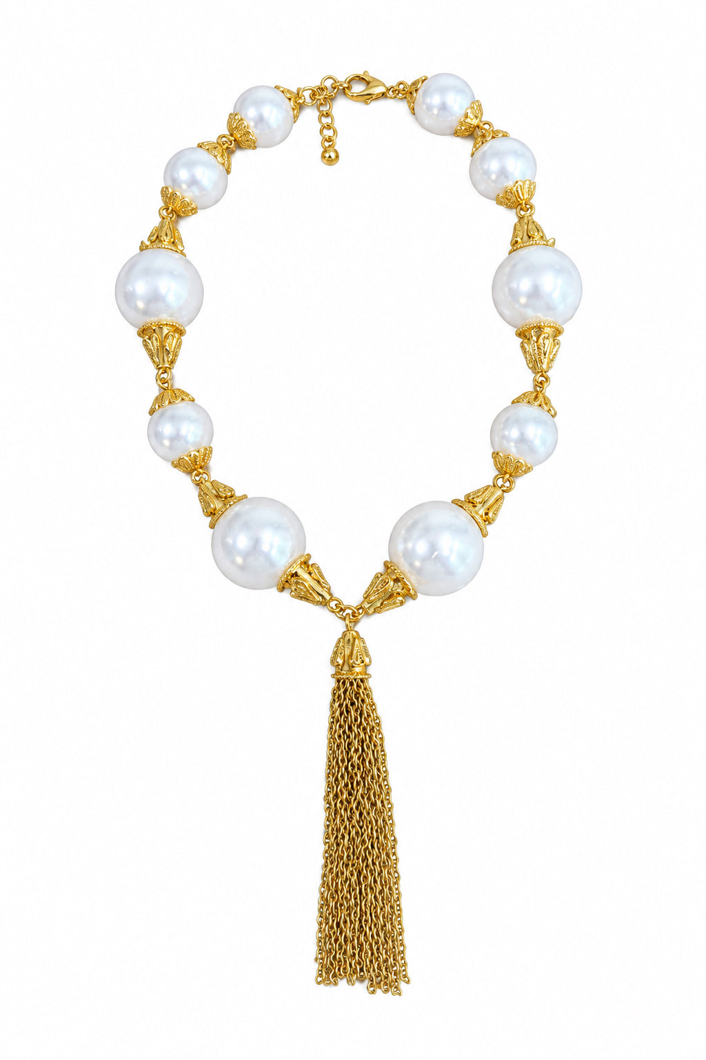 I R I & Studio Bold Pearl Station Necklace with Tassel, pearl stations with tassel, full view
