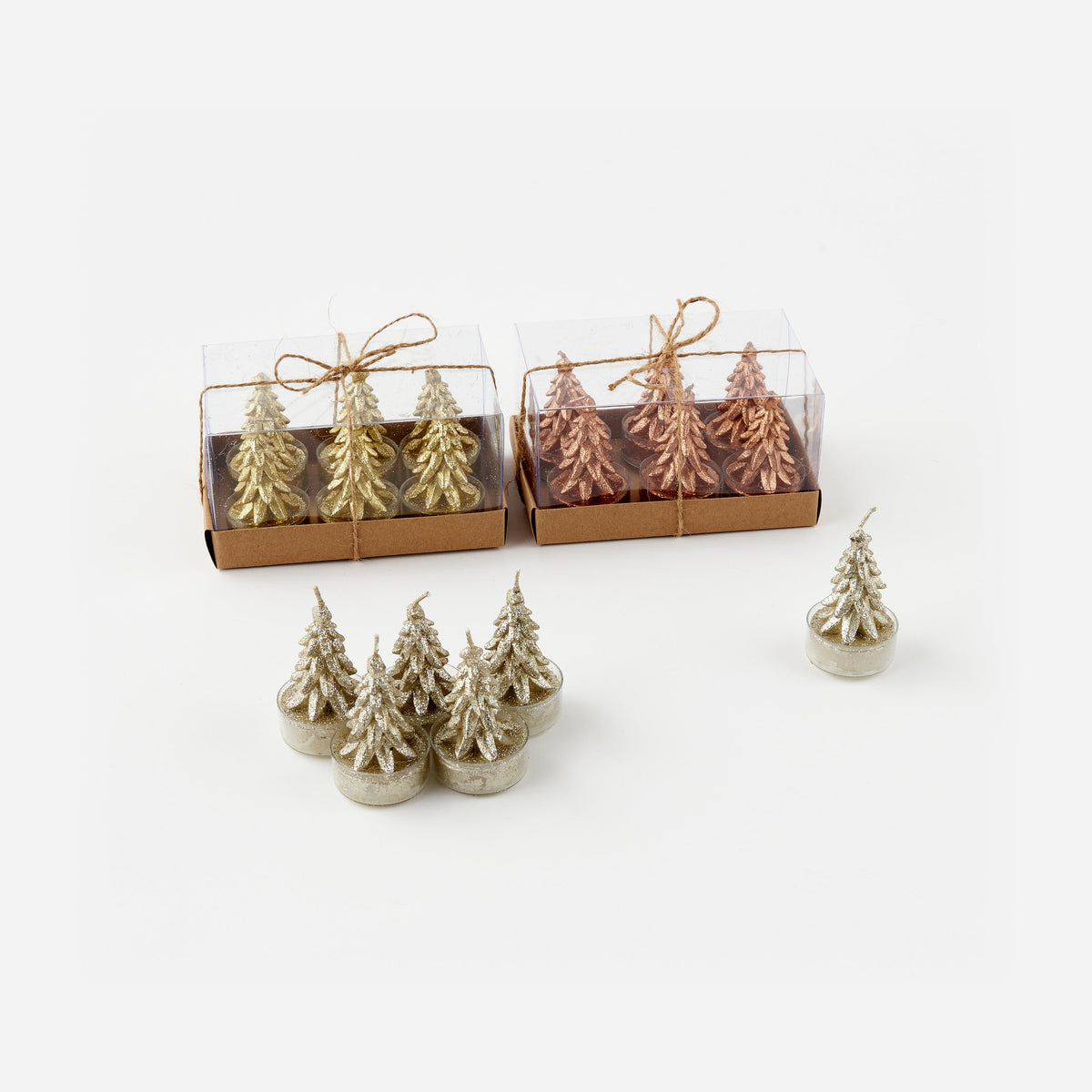 Glittered metallic tree-shaped tealight candles, boxed set of 6, full view