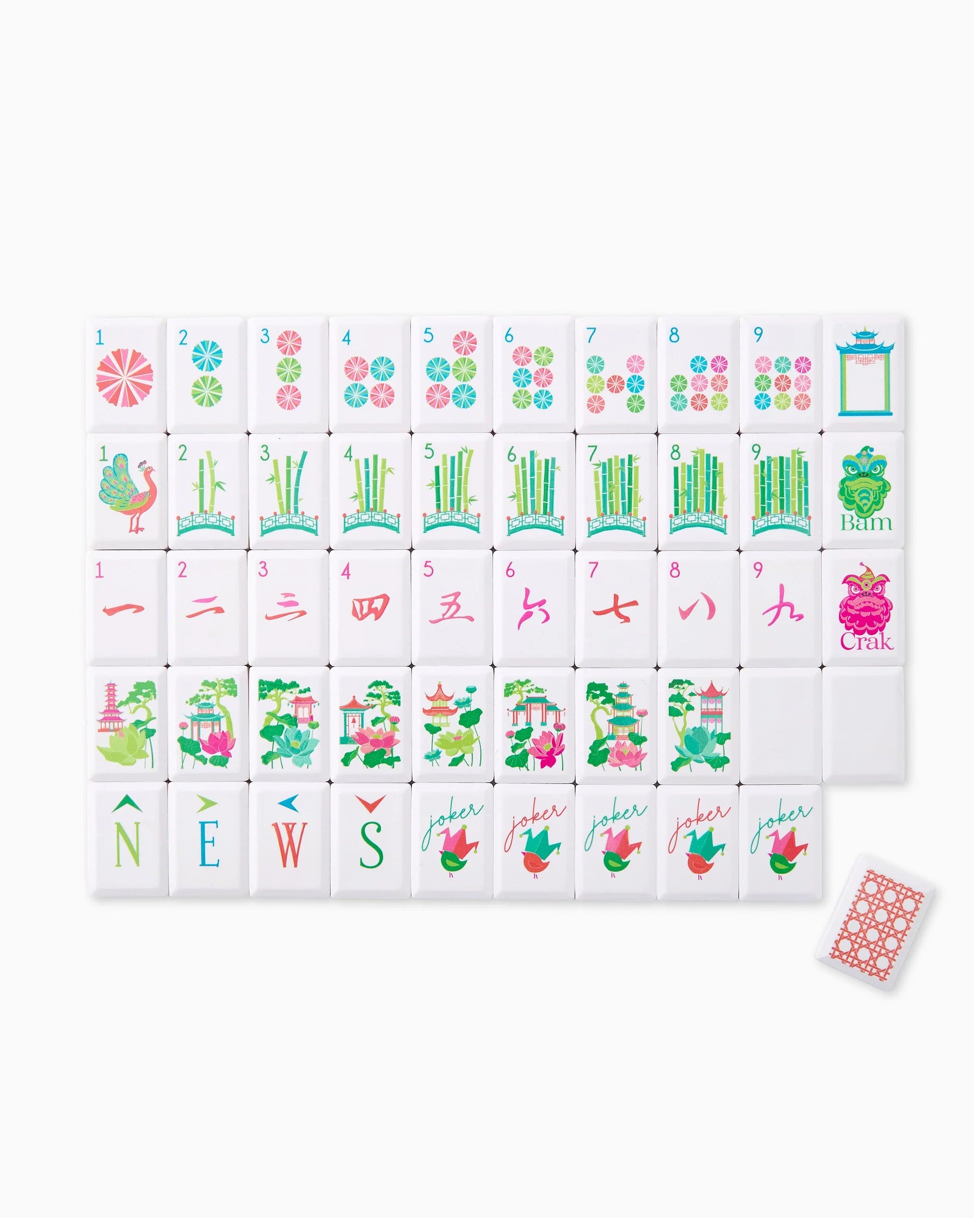Set of colorful game tiles with various designs on a white background