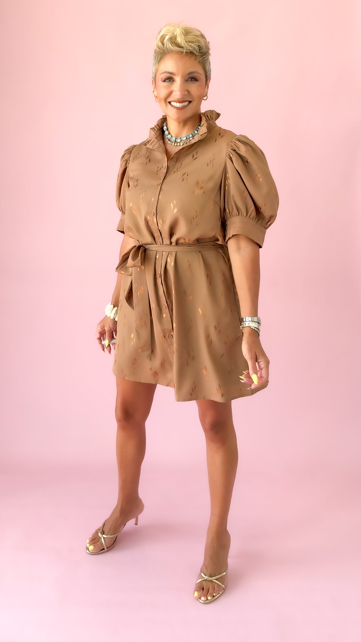Ruffled Brocade Mini Dress/Mocha