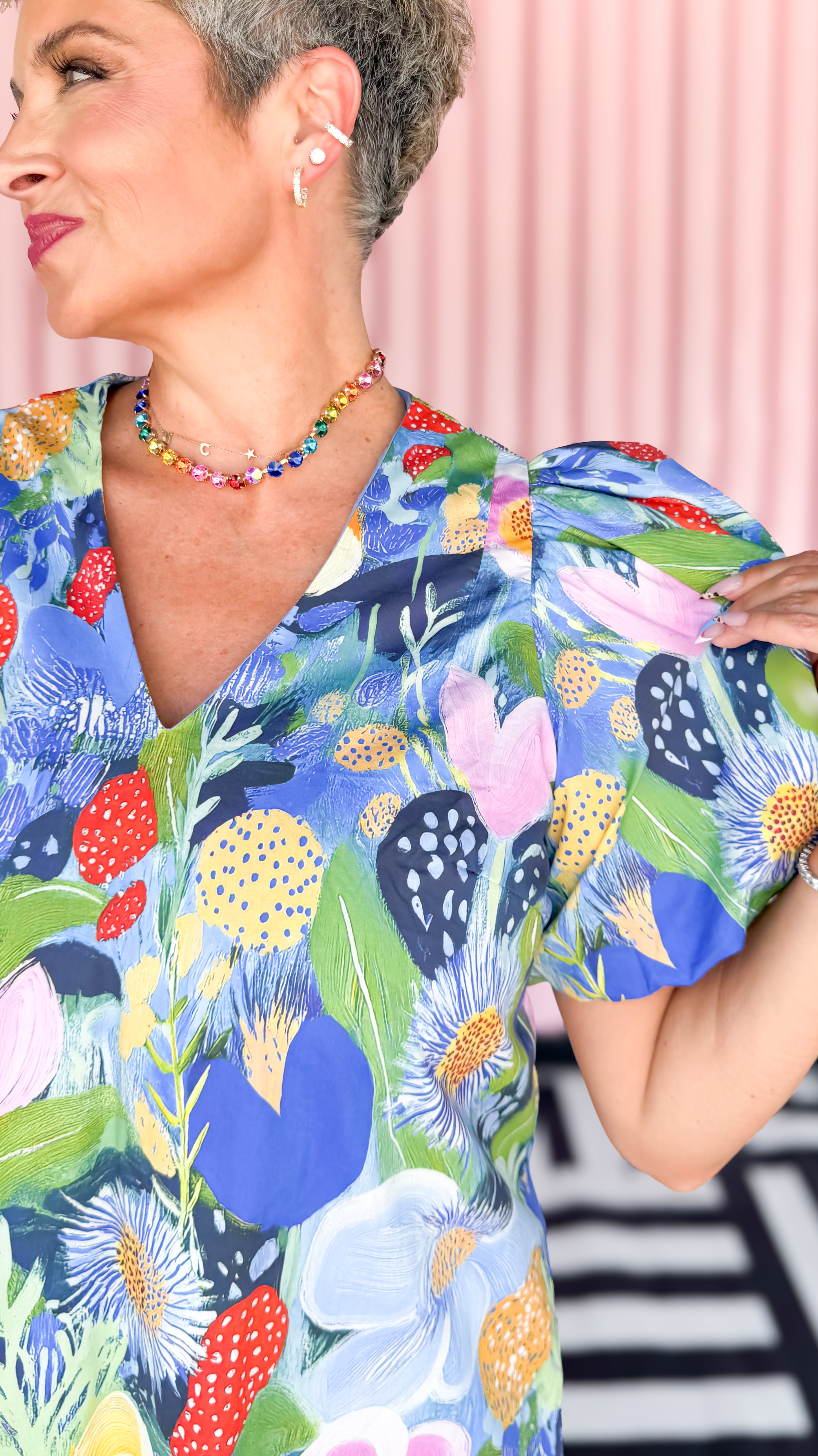 Balloon Sleeve Floral Printed Mini Dress - Blue