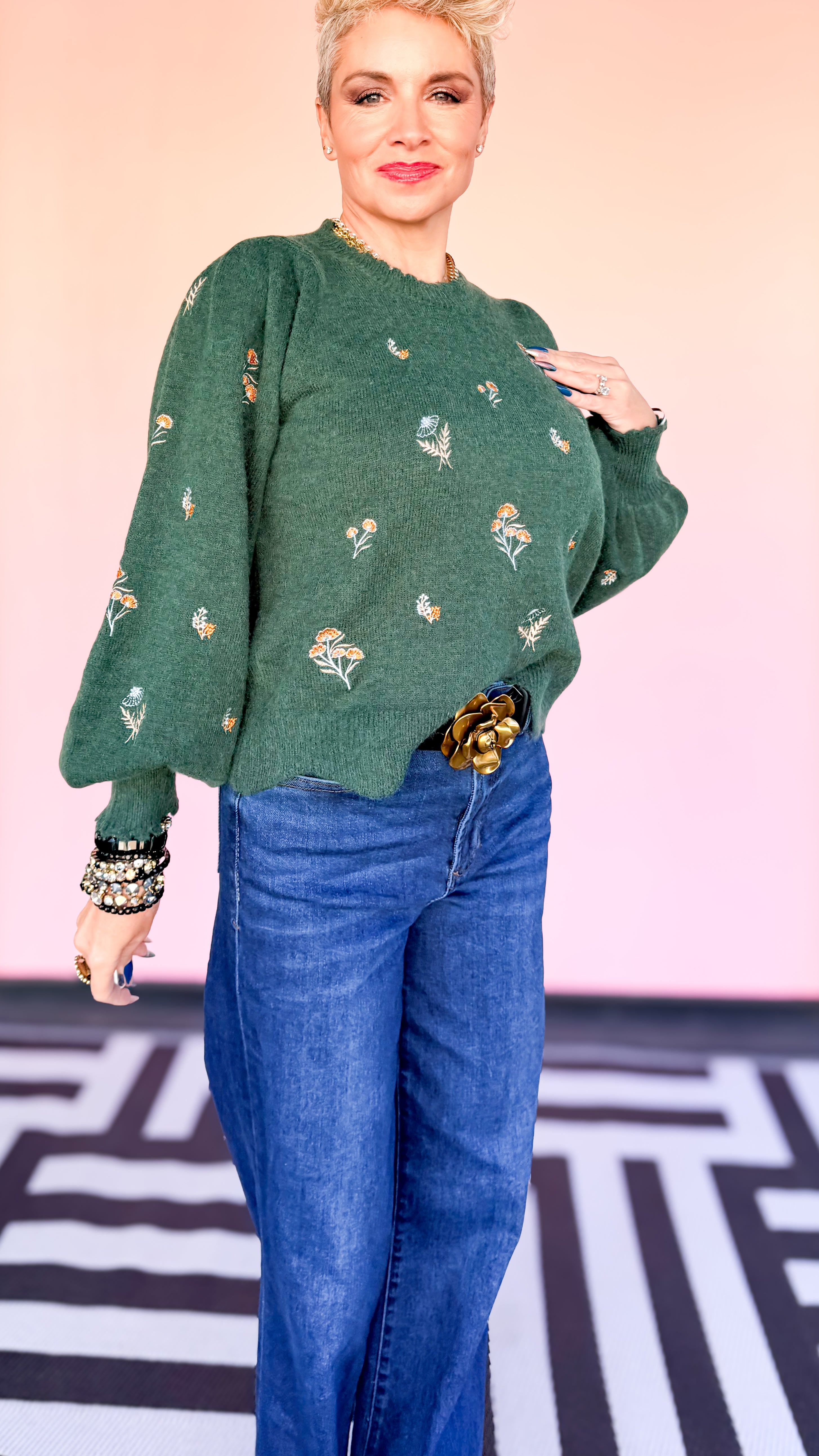 Floral Puff Sleeve Sweater/Green