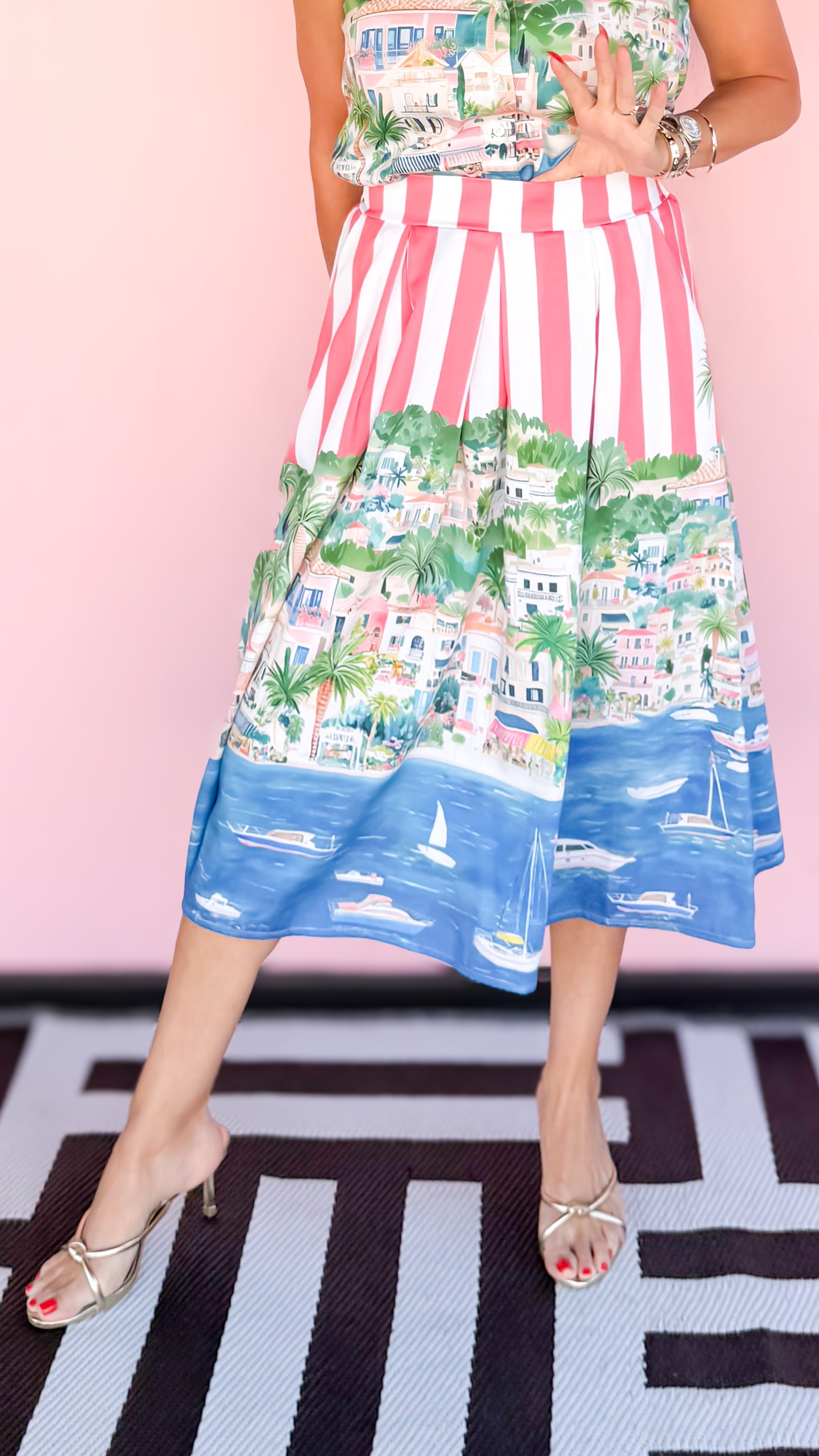 Red Stripe Skirt with Coastal Print - The BLVD